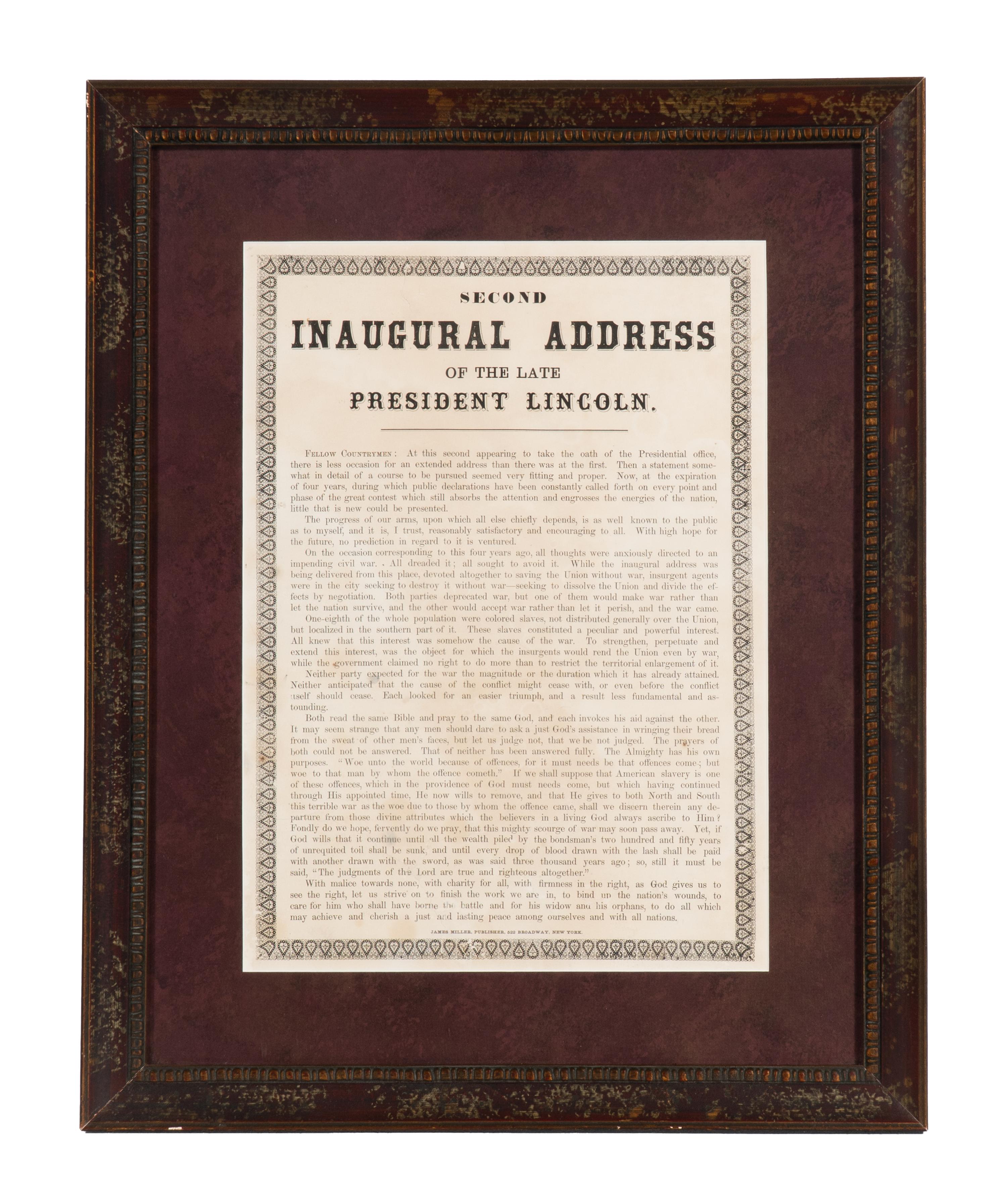 [LINCOLN, Abraham (1809-1865)] . Second Inaugural Address of the Late President Lincoln. New York: James Miller, [1865].