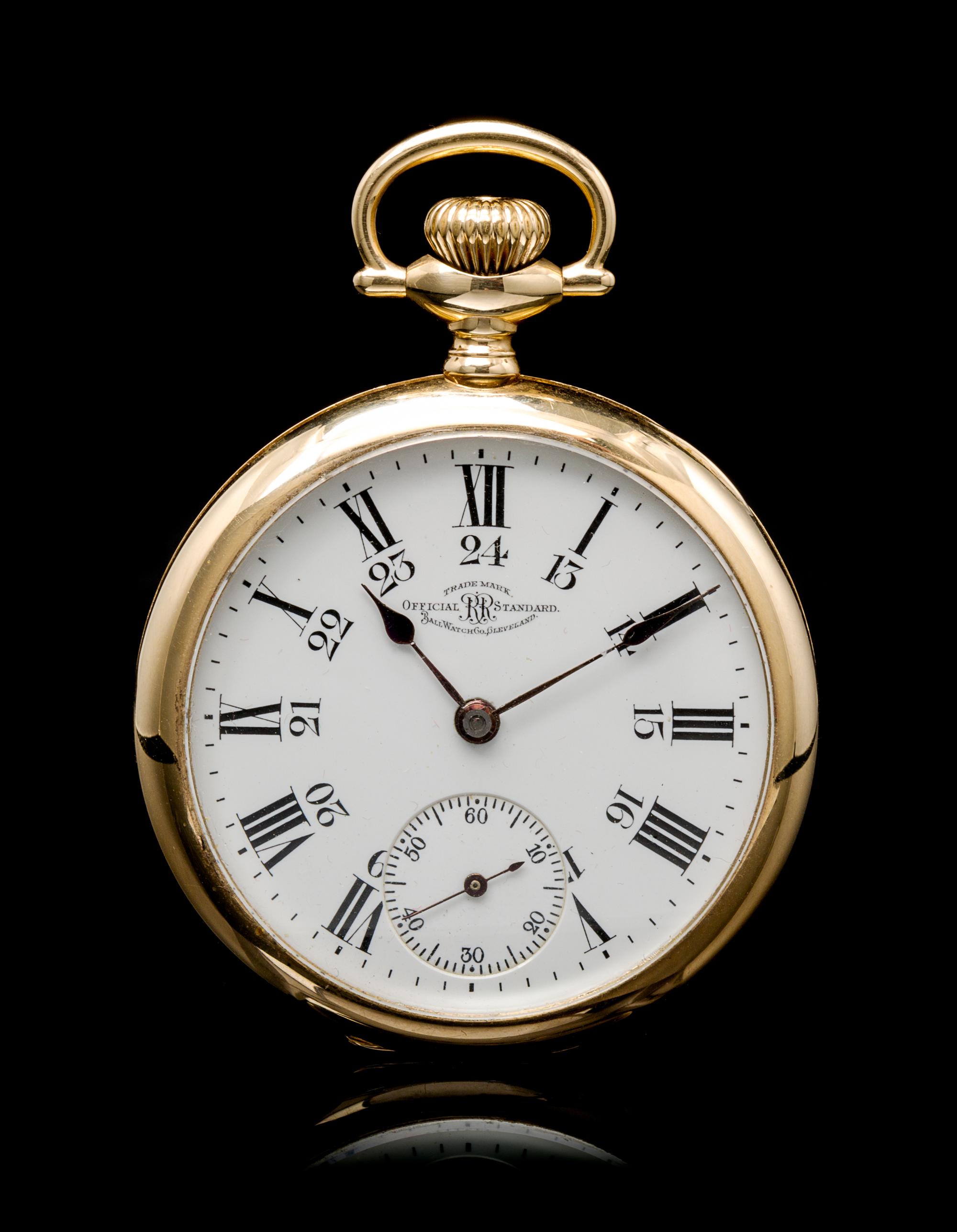 A 14 Karat Yellow Gold Official Standard Railroad Open Face Pocket Watch, Ball Watch Co., Circa 1901