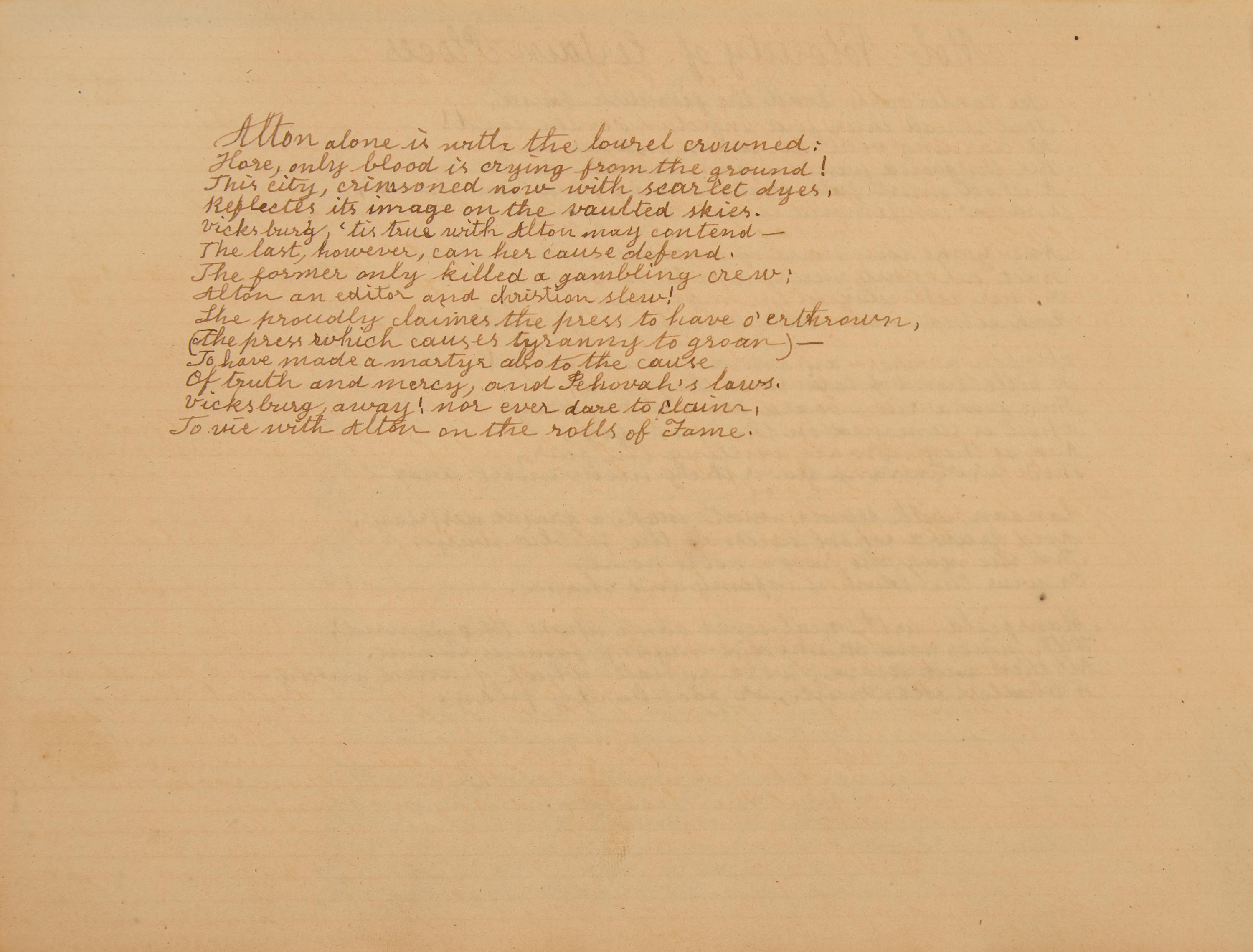 *[African Americana] Poem Copied from The Liberator , Mentioning the Murder of Elijah Lovejoy, in a 19th Century American Penmanship Book