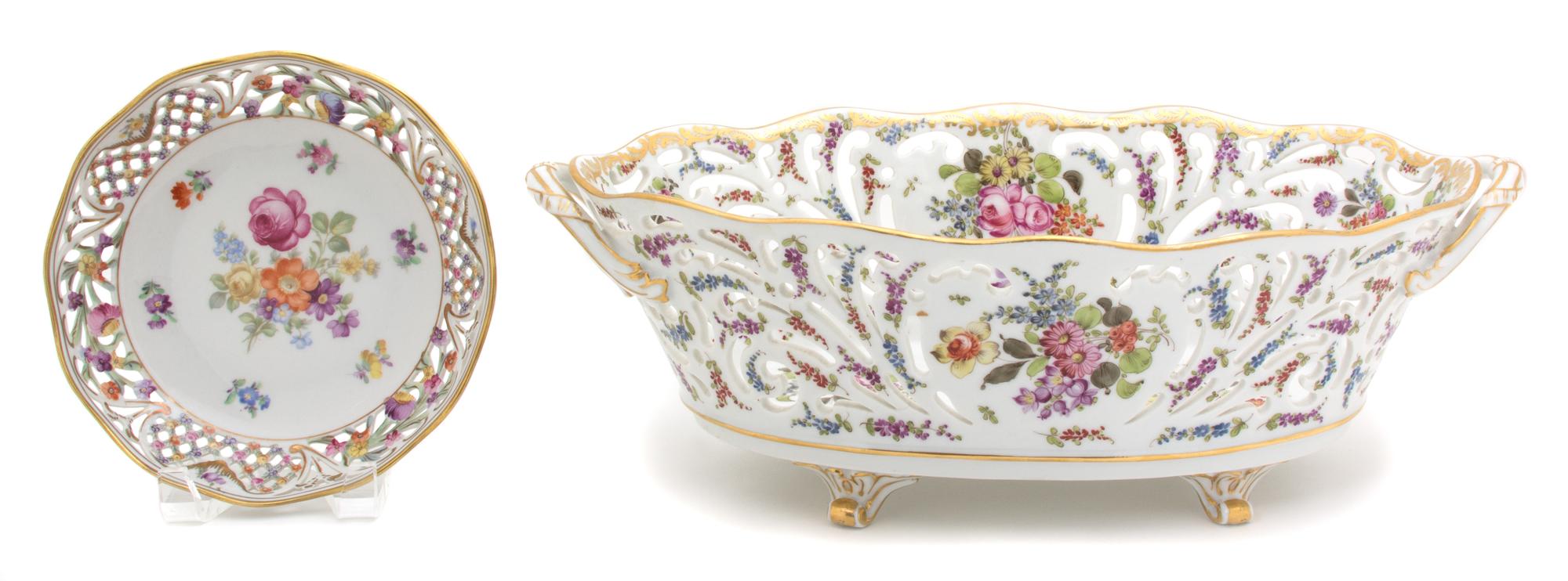 A Dresden Porcelain Reticulated Center Bowl Height of bowl 5 1/2 x width 9 1/4 x depth 16 1/4 inches. — 20TH CENTURY