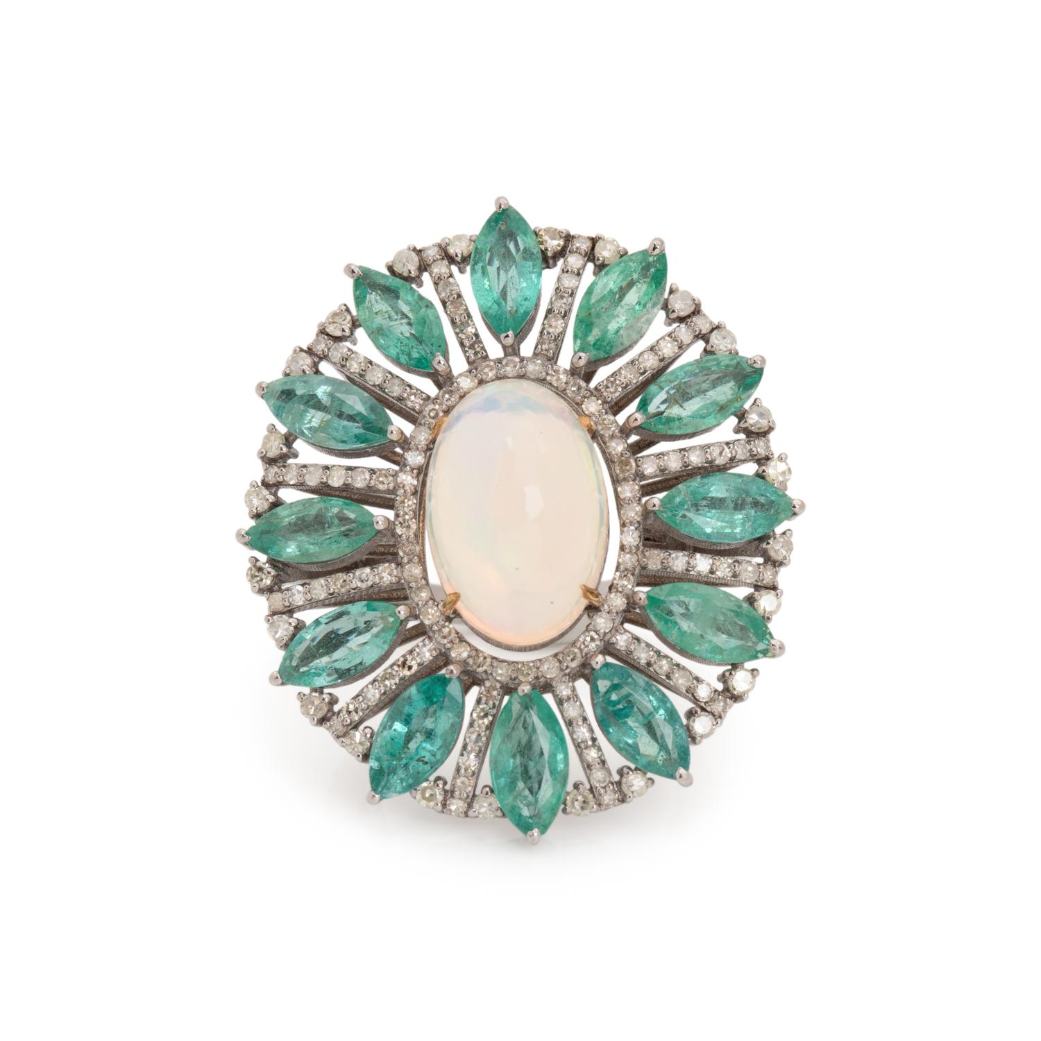 OPAL, EMERALD AND DIAMOND RING