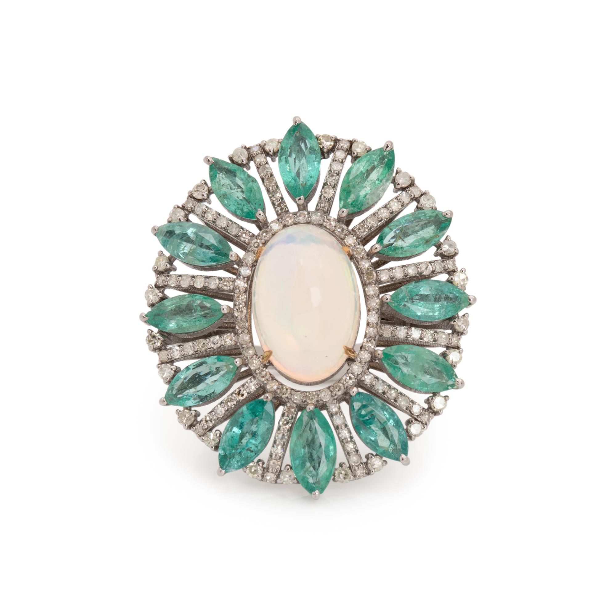 OPAL, EMERALD AND DIAMOND RING