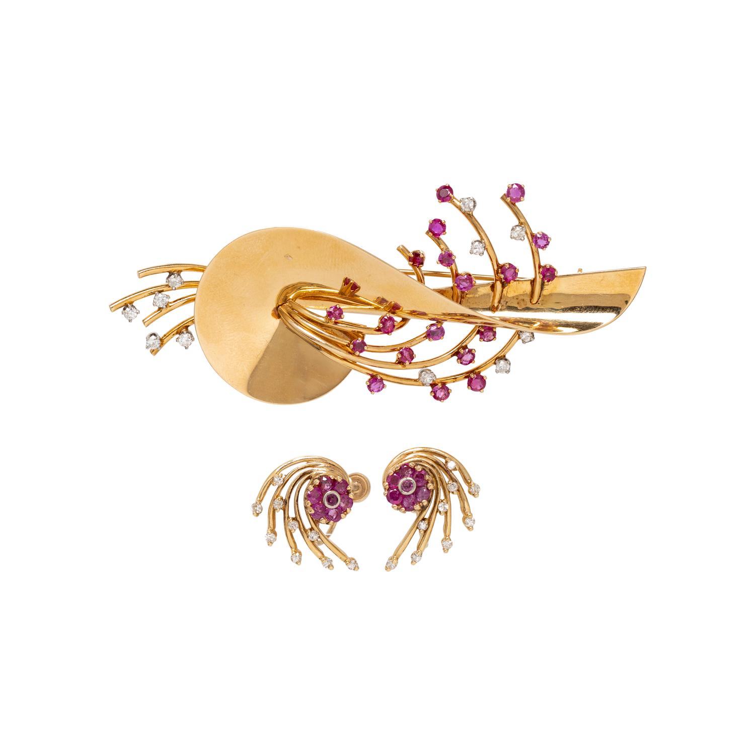 COLLECTION OF RETRO, YELLOW GOLD, RUBY AND DIAMOND JEWELRY