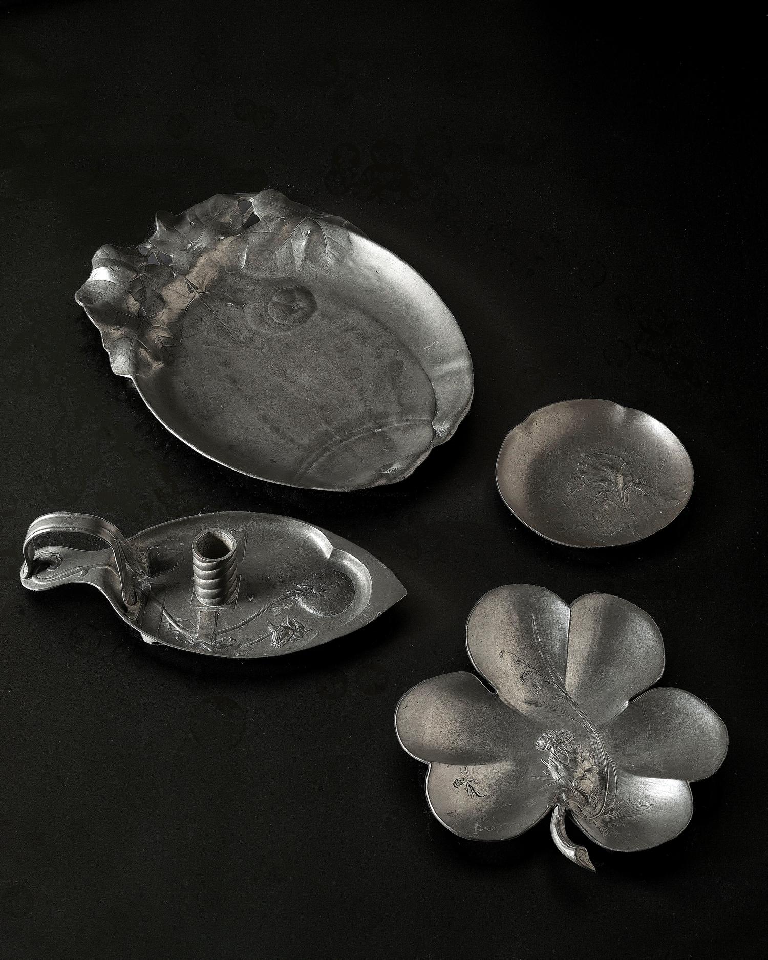 Three Kayserzinn Jugendstil Serving Dishes and One Chamberstick