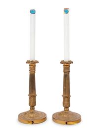 A Pair of French Gilt Metal Candlesticks Mounted as Lamps