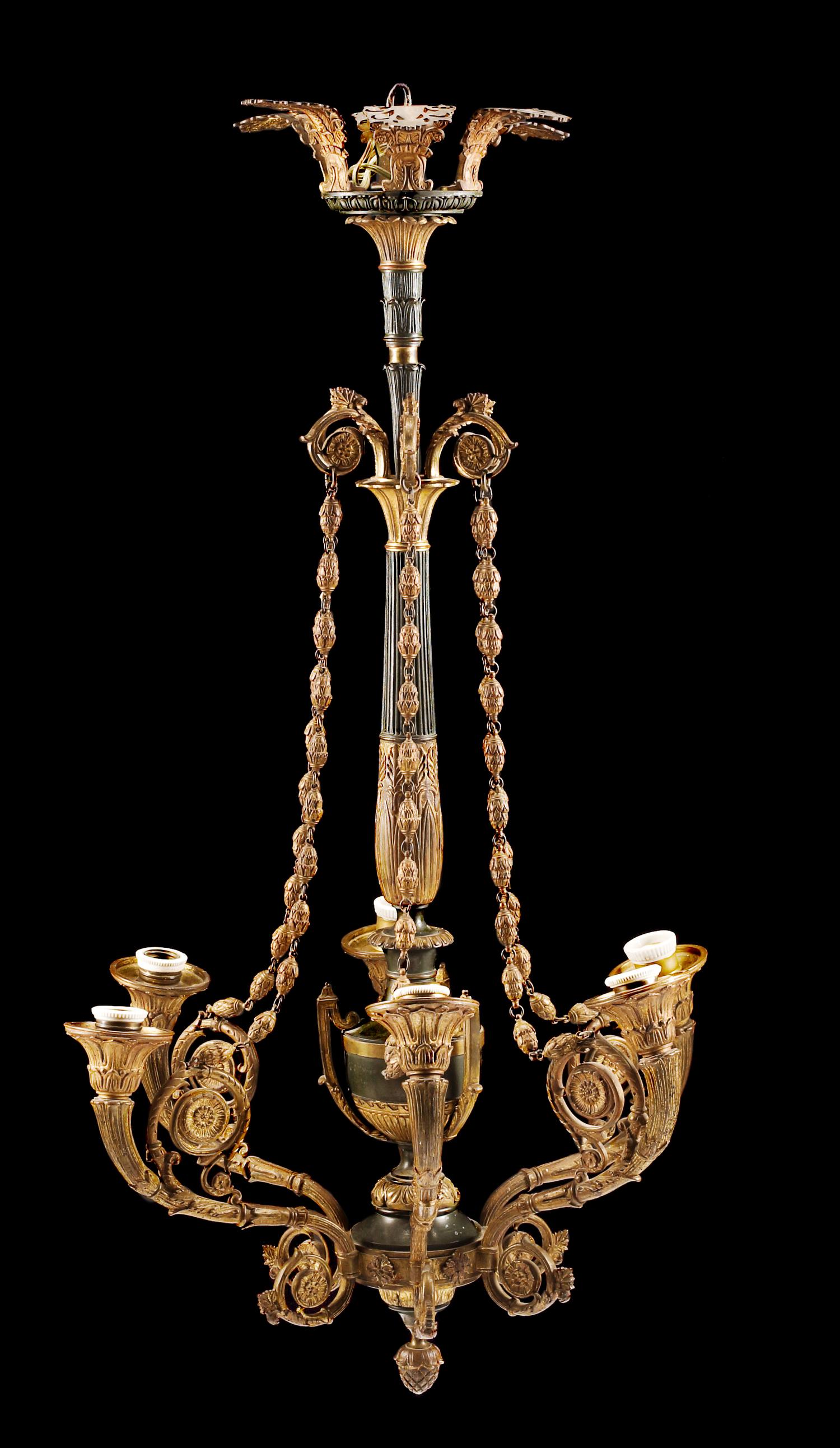 A Louis XVI Style Gilt Bronze and Tole Six-Light Chandelier Height 38 x diameter 20 inches. — LATE 19TH CENTURY