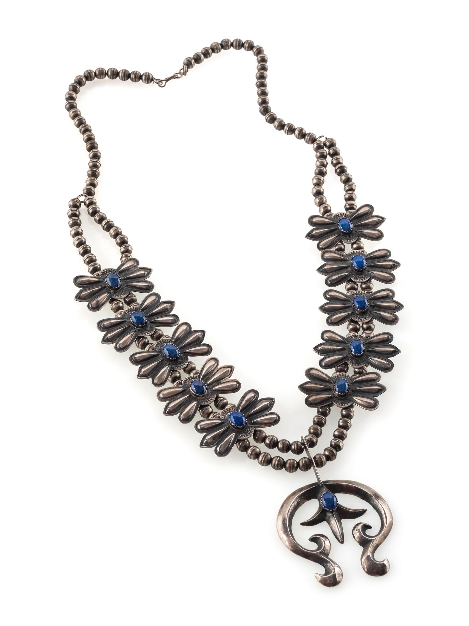 Navajo Sterling Silver and Lapis Squash Blossom Necklace
