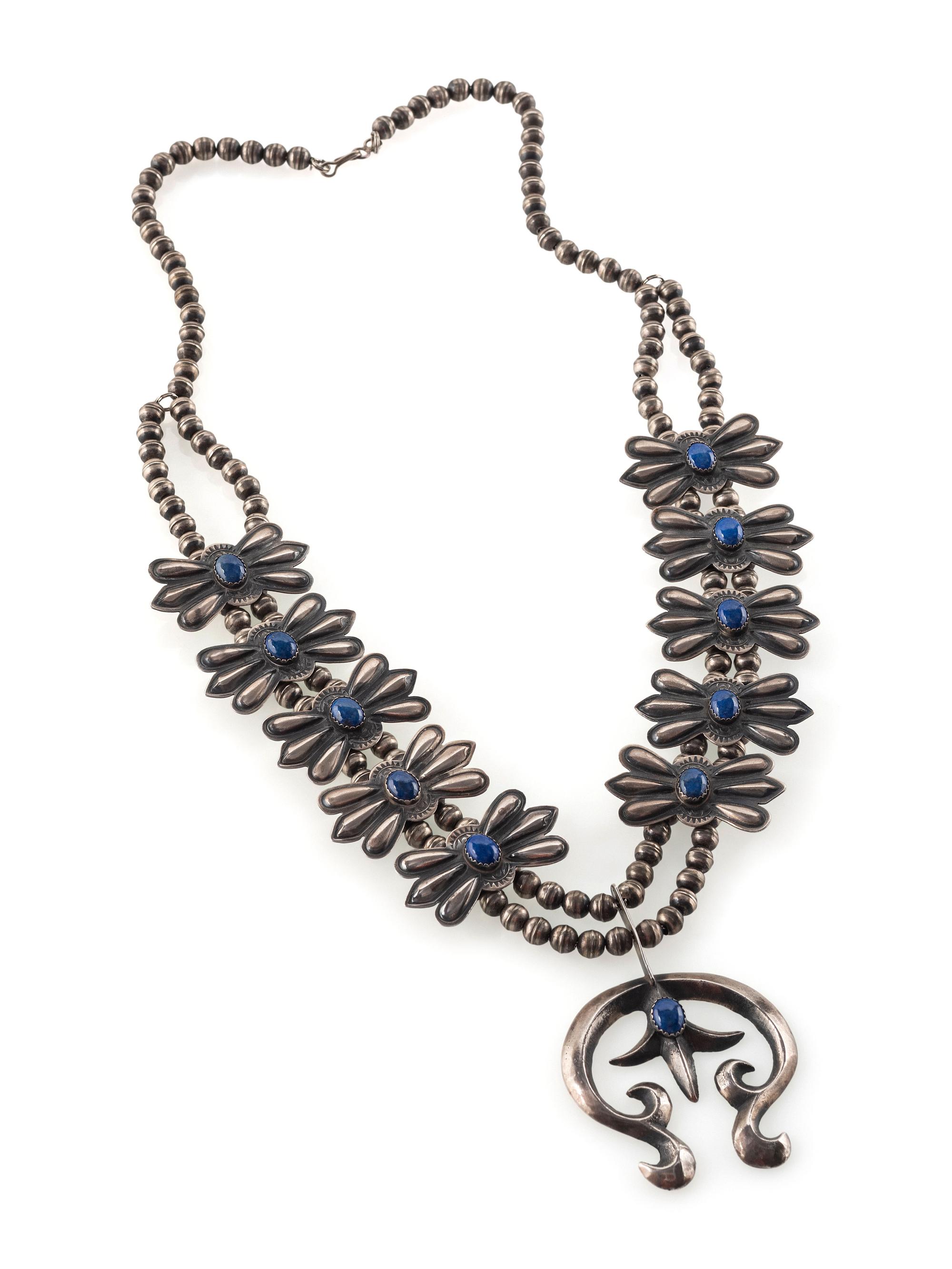 Navajo Sterling Silver and Lapis Squash Blossom Necklace