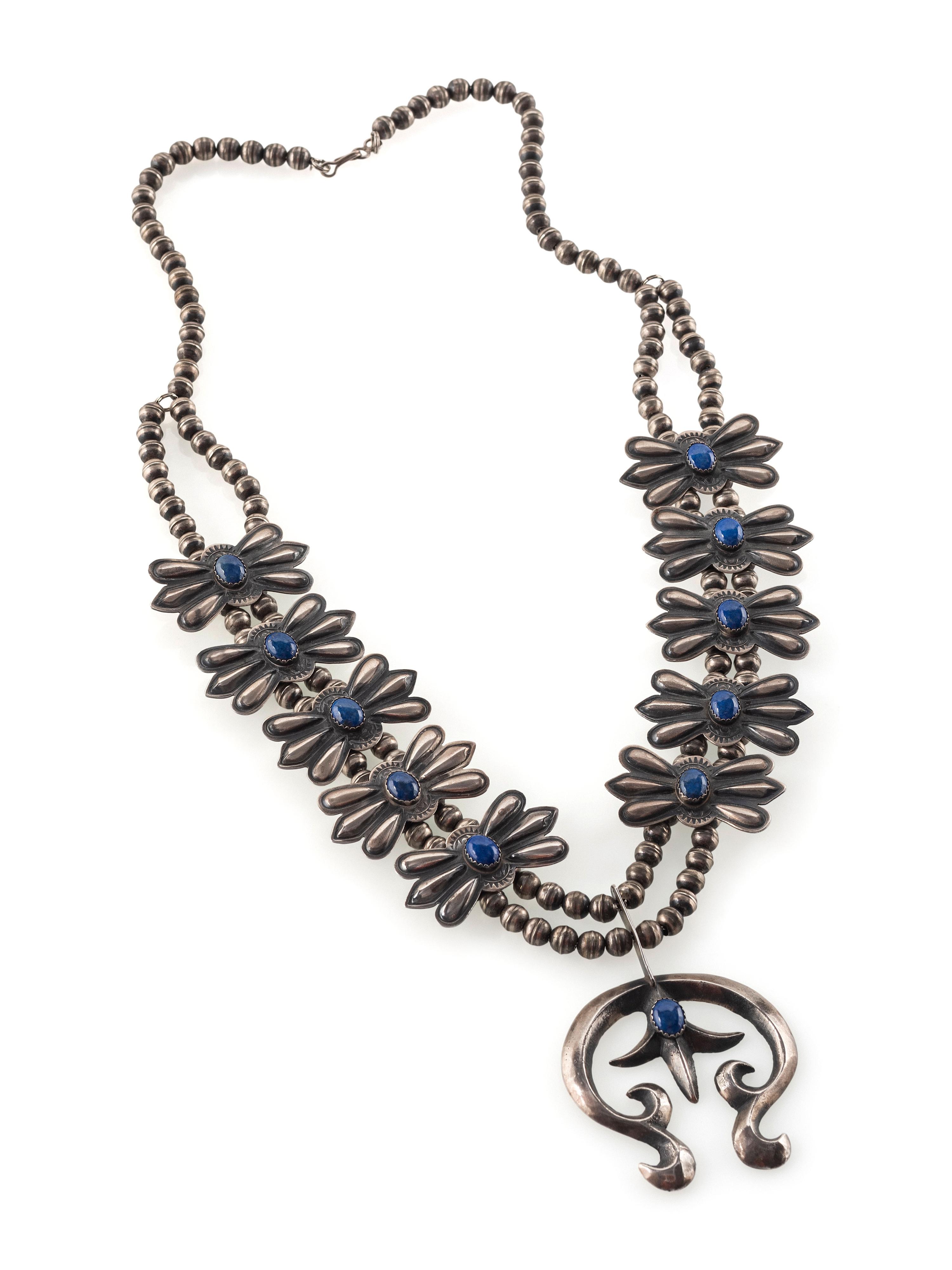 Navajo Sterling Silver and Lapis Squash Blossom Necklace