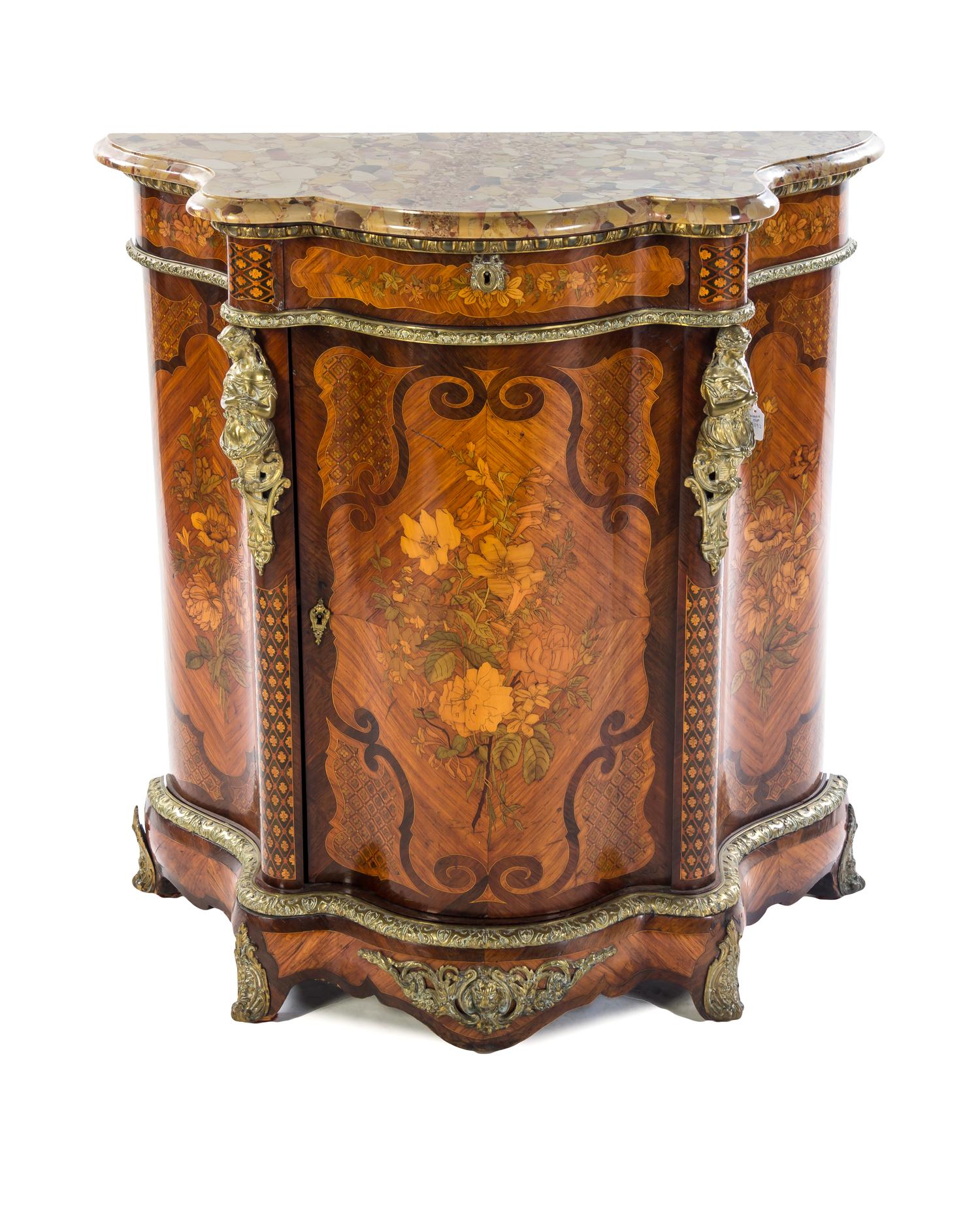 A Louis XVI Style Gilt Bronze Mounted Marquetry and Parquetry Meauble d' Appui, IN THE MANNER OF JEAN HENRI RIESENER, Height 38 1/2 x w — IN THE MANNER OF JEAN HENRI RIESENER,