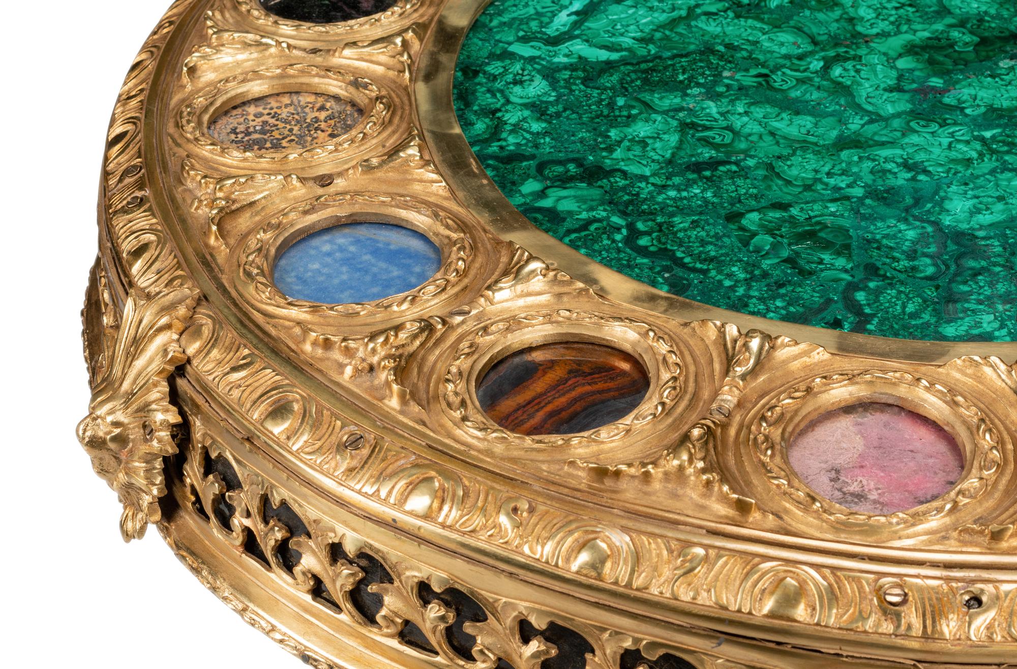 A Louis XVI Style Gilt Bronze, Malachite and Specimen Marble Guéridon