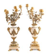 A Pair of Louis XV Style Gilt Bronze Mounted White Marble Five-Light Candelabra