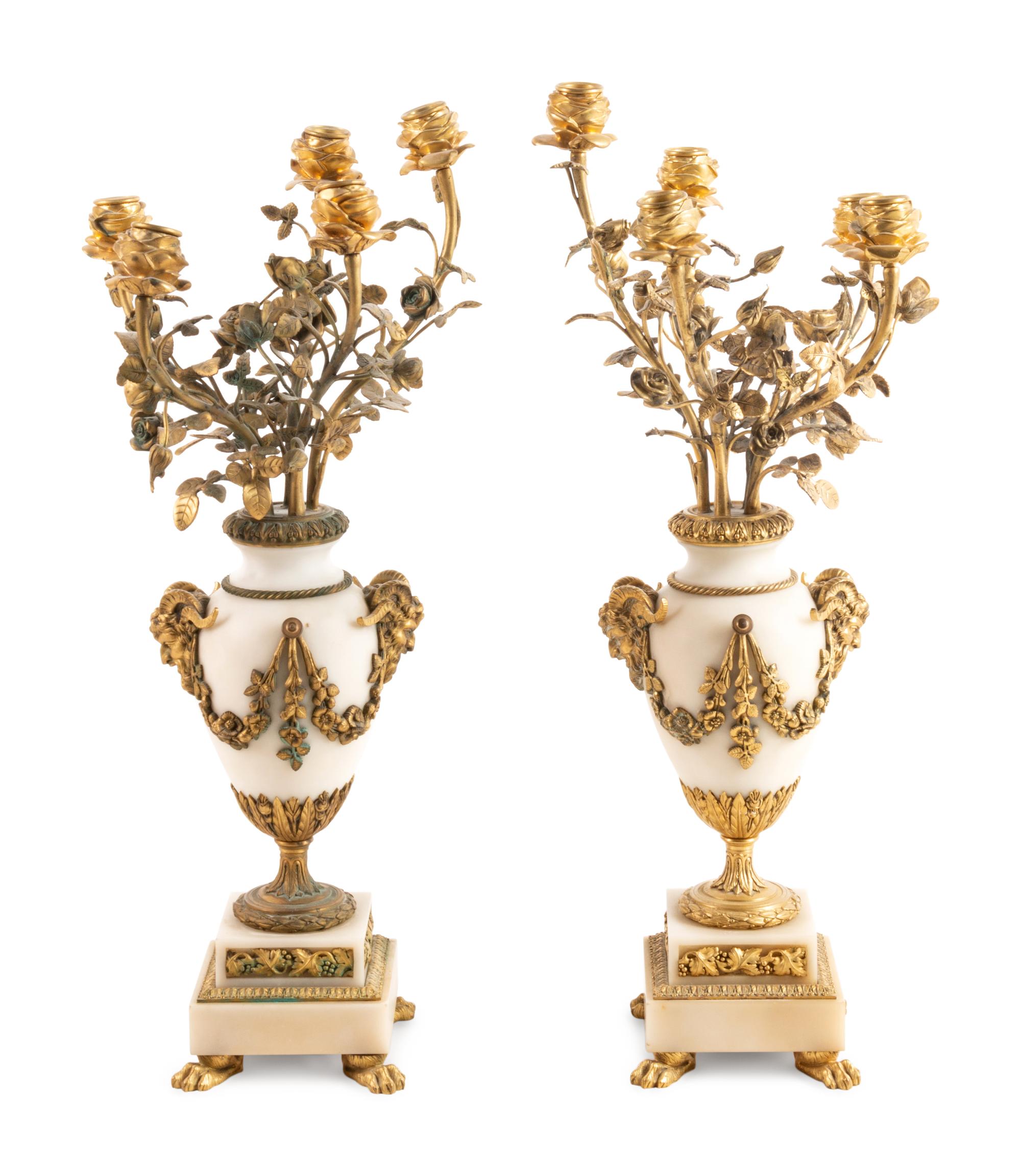 A Pair of Louis XV Style Gilt Bronze Mounted White Marble Five-Light Candelabra