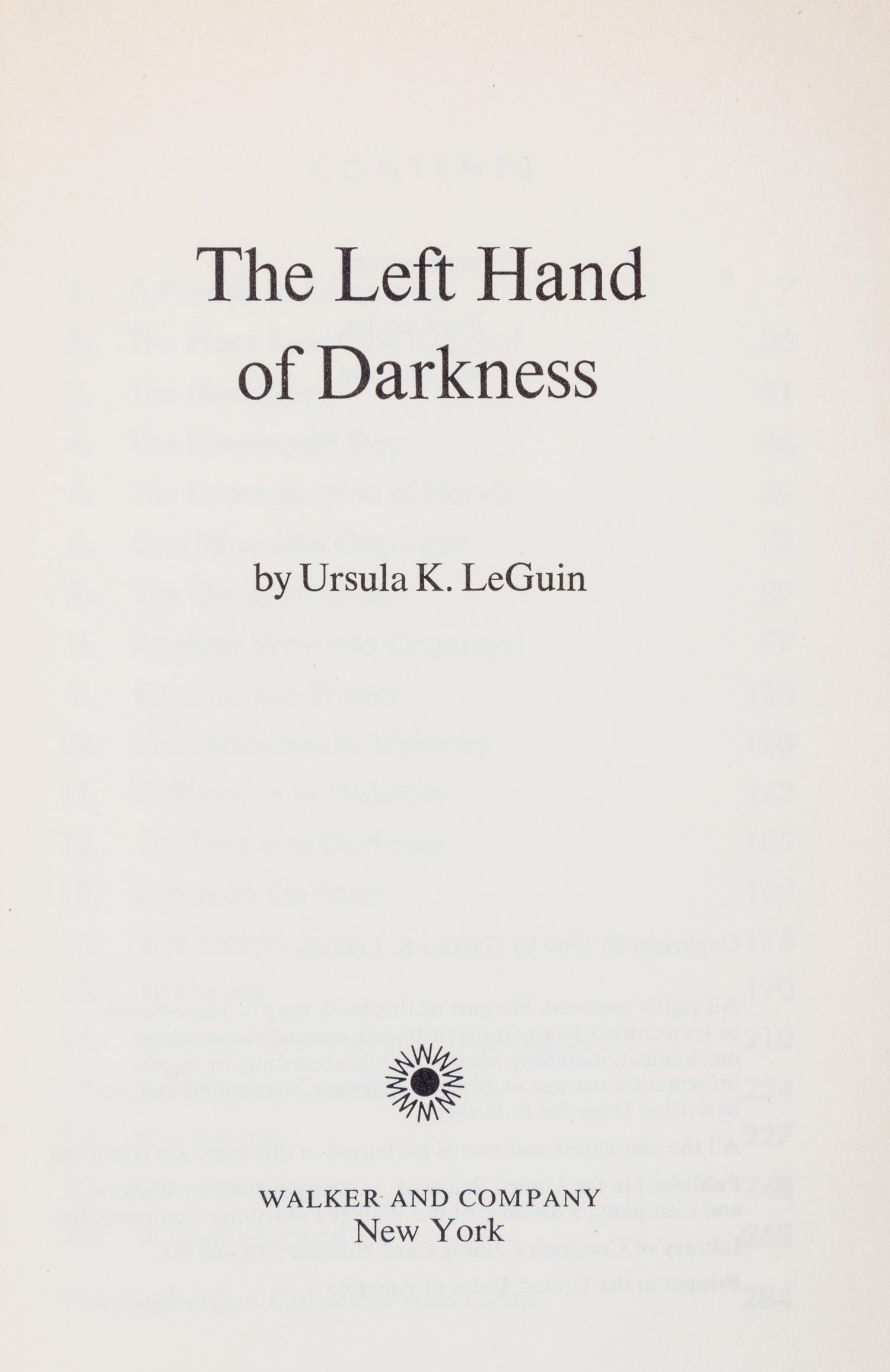 LE GUIN, URSULA K. The Left Hand of Darkness. New York, 1969. First hardcover edition, review copy.