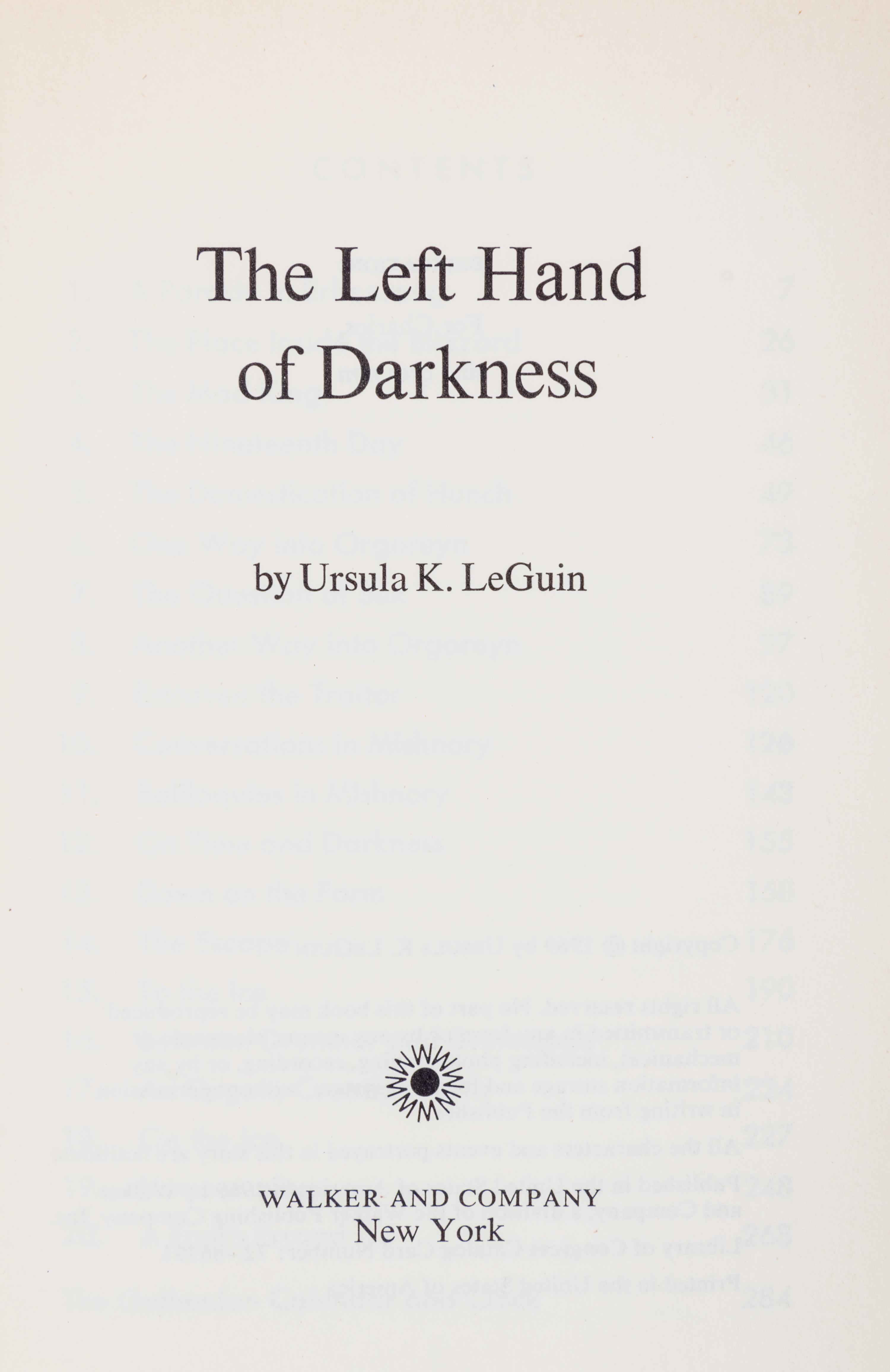 LE GUIN, URSULA K. The Left Hand of Darkness. New York, 1969. First hardcover edition, review copy.