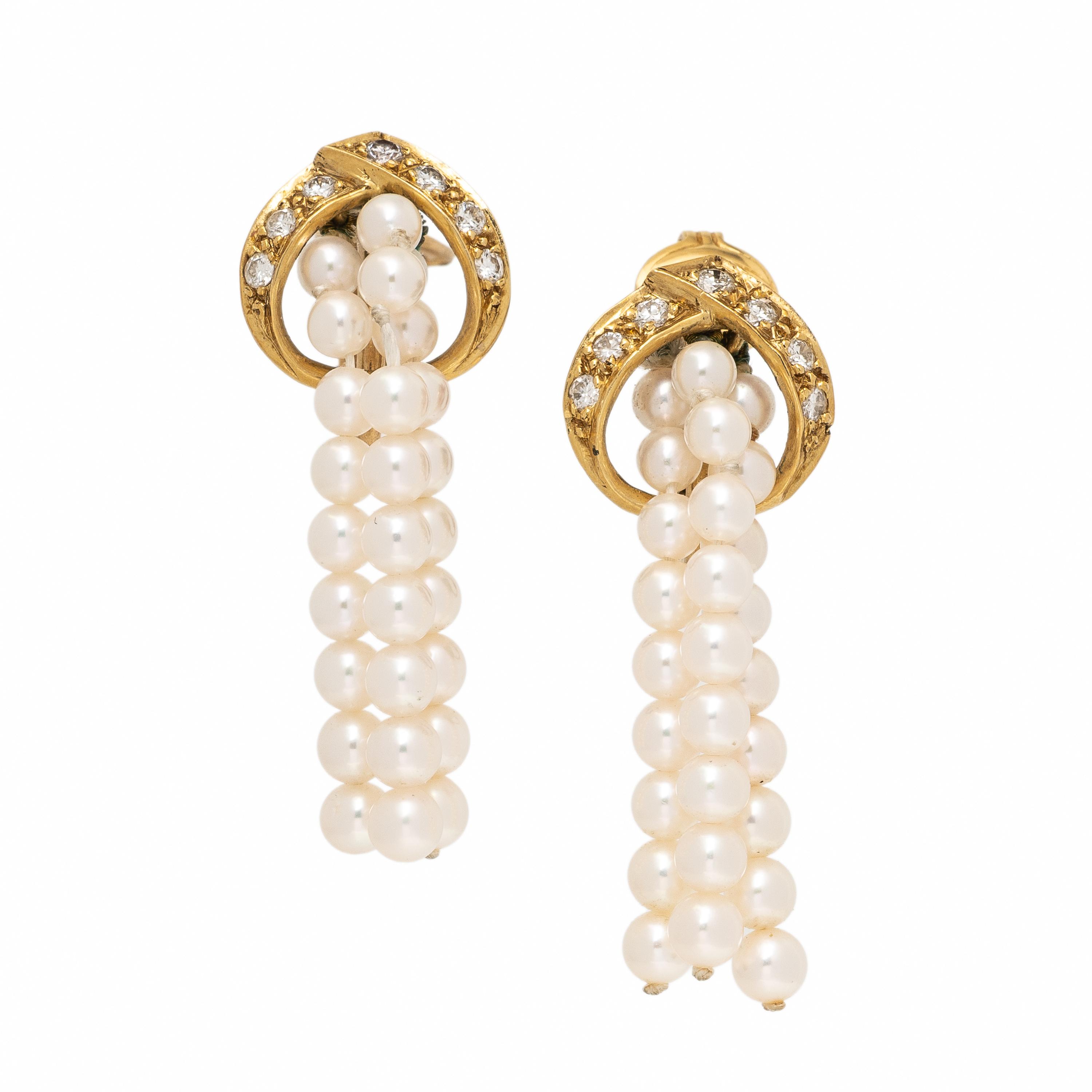 Seed Pearl, Diamond, and Yellow Gold Earrings