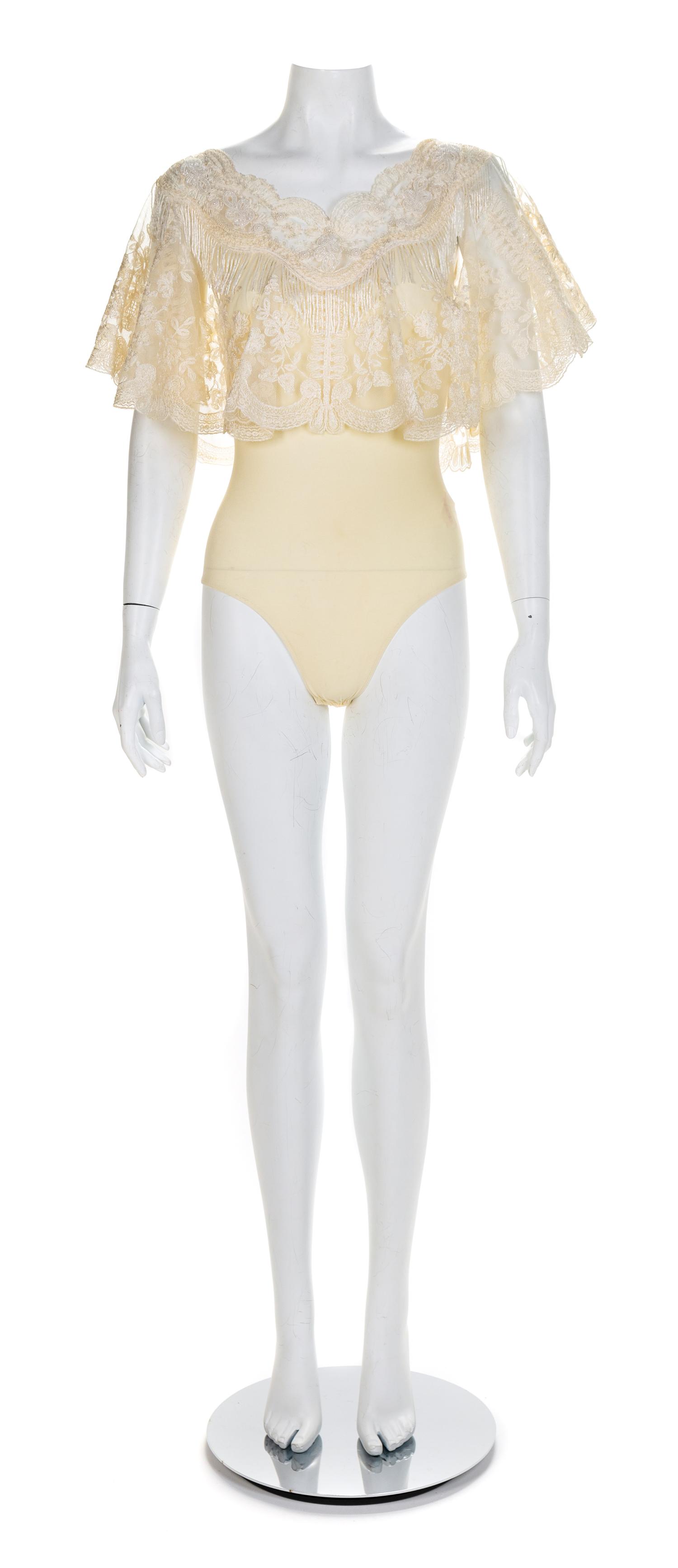 Giorgio di Sant' Angelo Off-the-Shoulder Cream Lace Body Suit, 1980-90s Size label: 6
