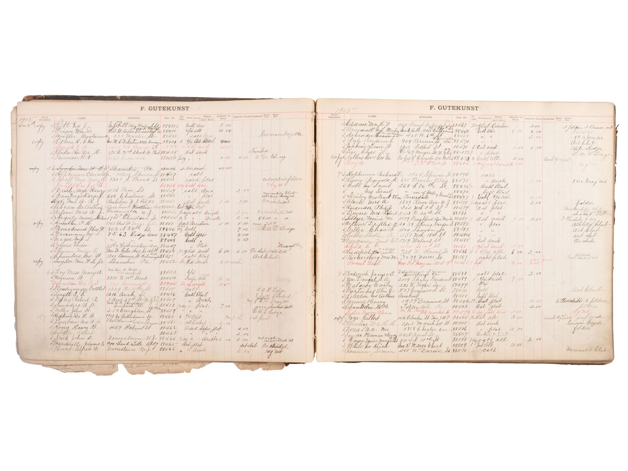 [EARLY PHOTOGRAPHY]. A group of 3 ledgers kept by American photographer F. Gutekunst. Ca 1880s-1910s.