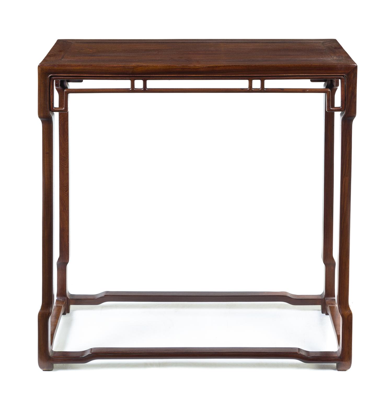 A Chinese Hardwood Side Table Height 31 1/2 x width 31 1/2 x depth 10 3/4 inches.