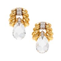 A Pair of 18 Karat Yellow Gold, Platinum, Rock Crystal and Diamond Earclips, David Webb, 19.95 dwts.