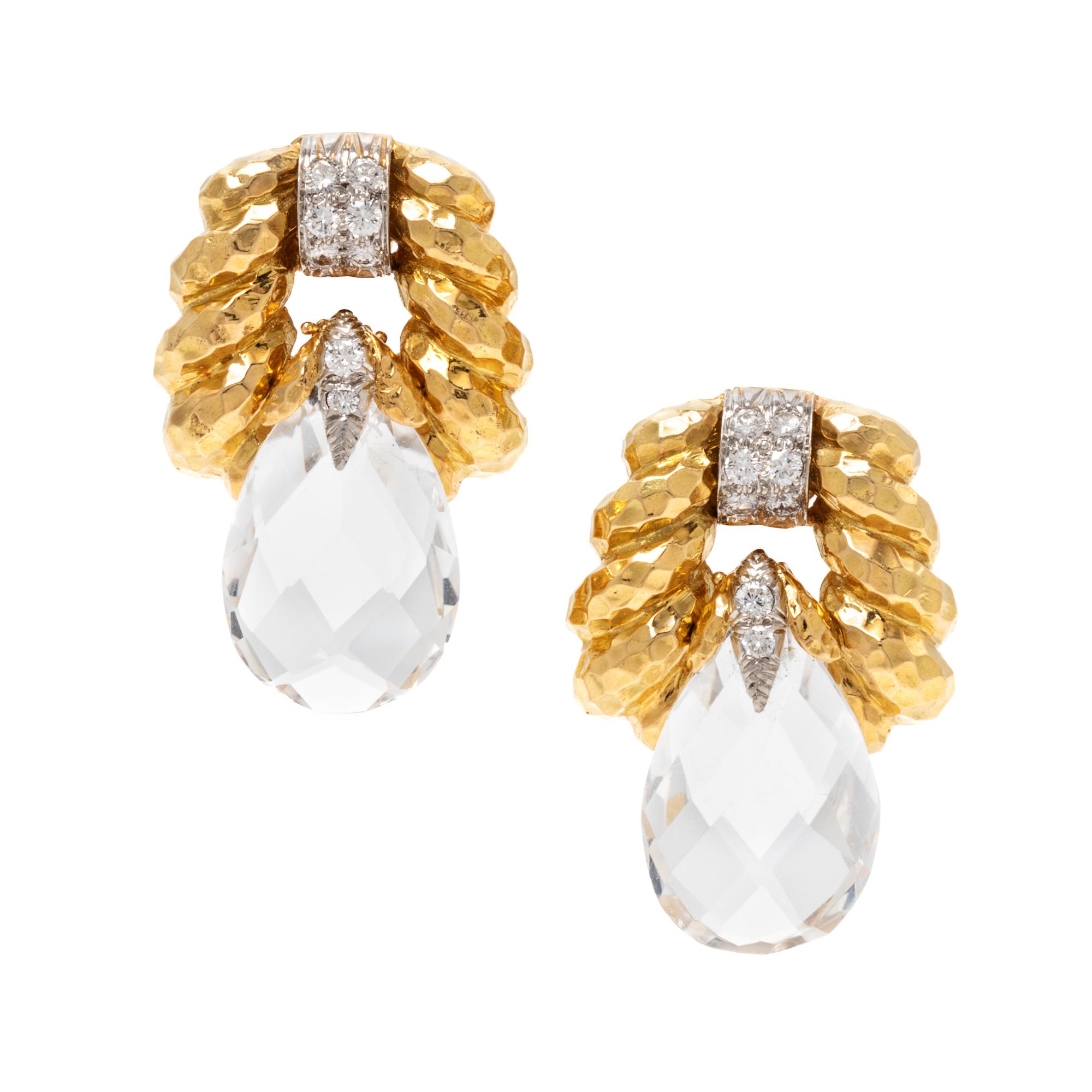 A Pair of 18 Karat Yellow Gold, Platinum, Rock Crystal and Diamond Earclips, David Webb, 19.95 dwts.
