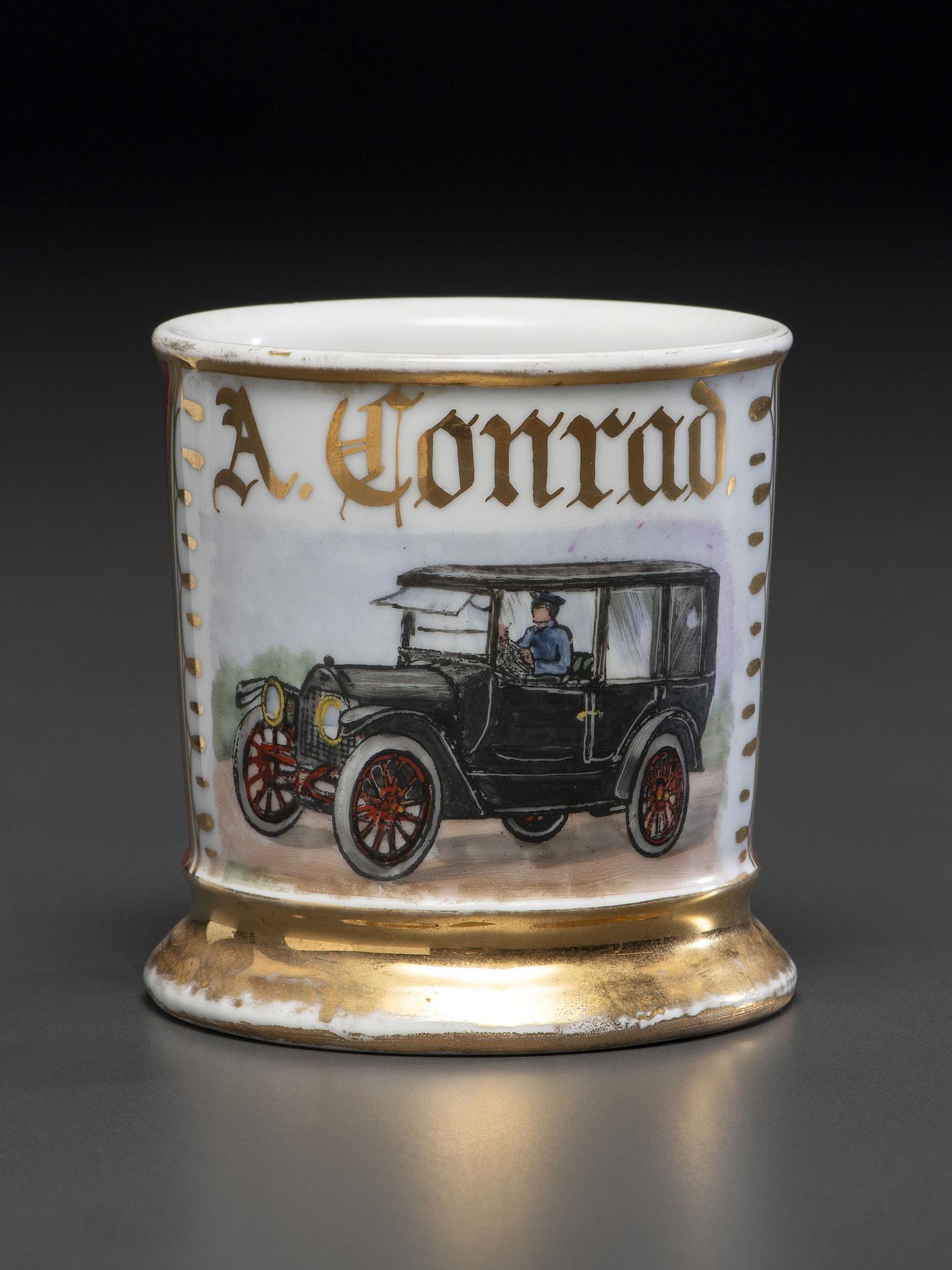 A Porcelain Shaving Mug Depicting an Automobile