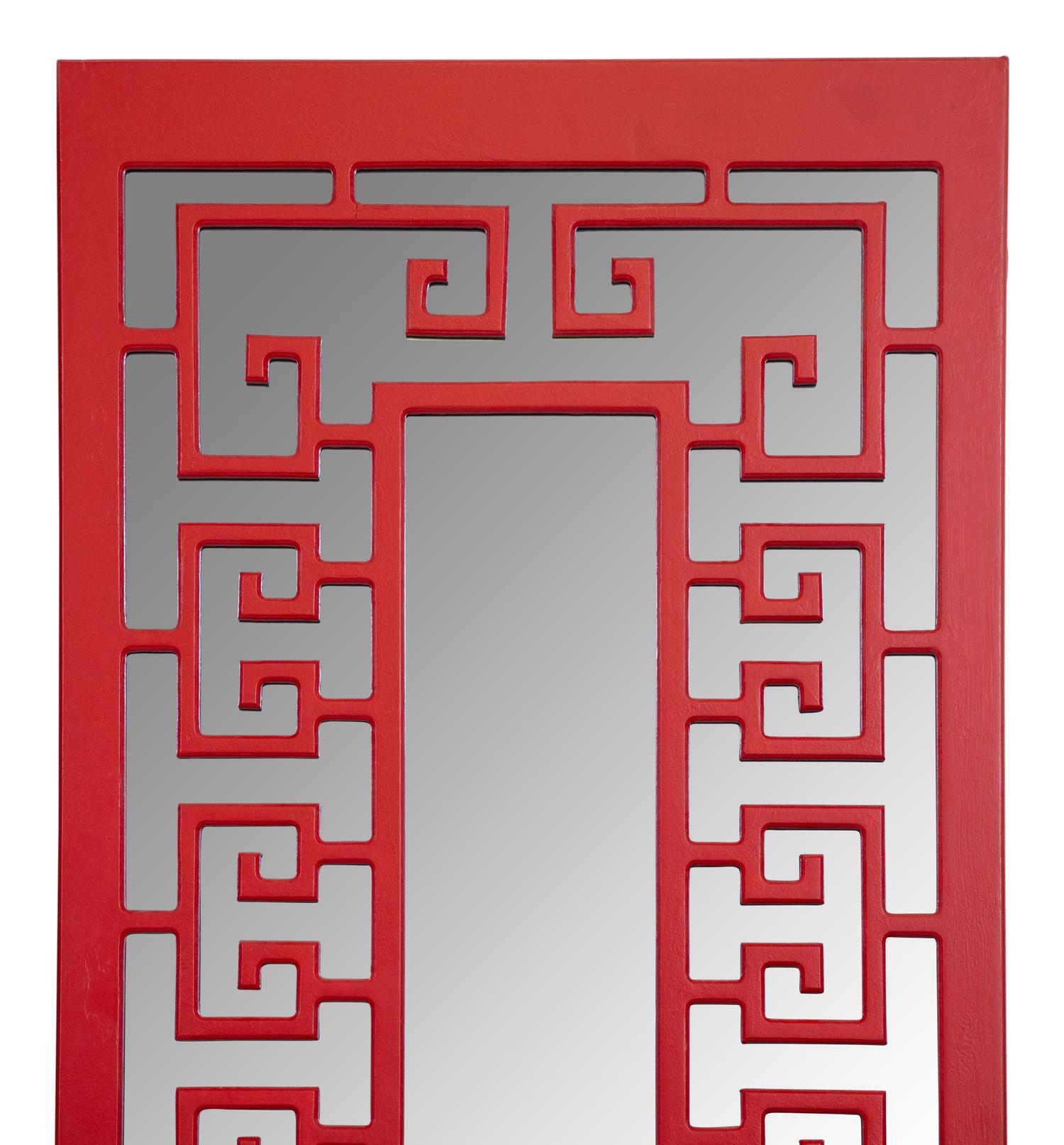 A Set of Four Red Lacquer Mirrored Wall Panels