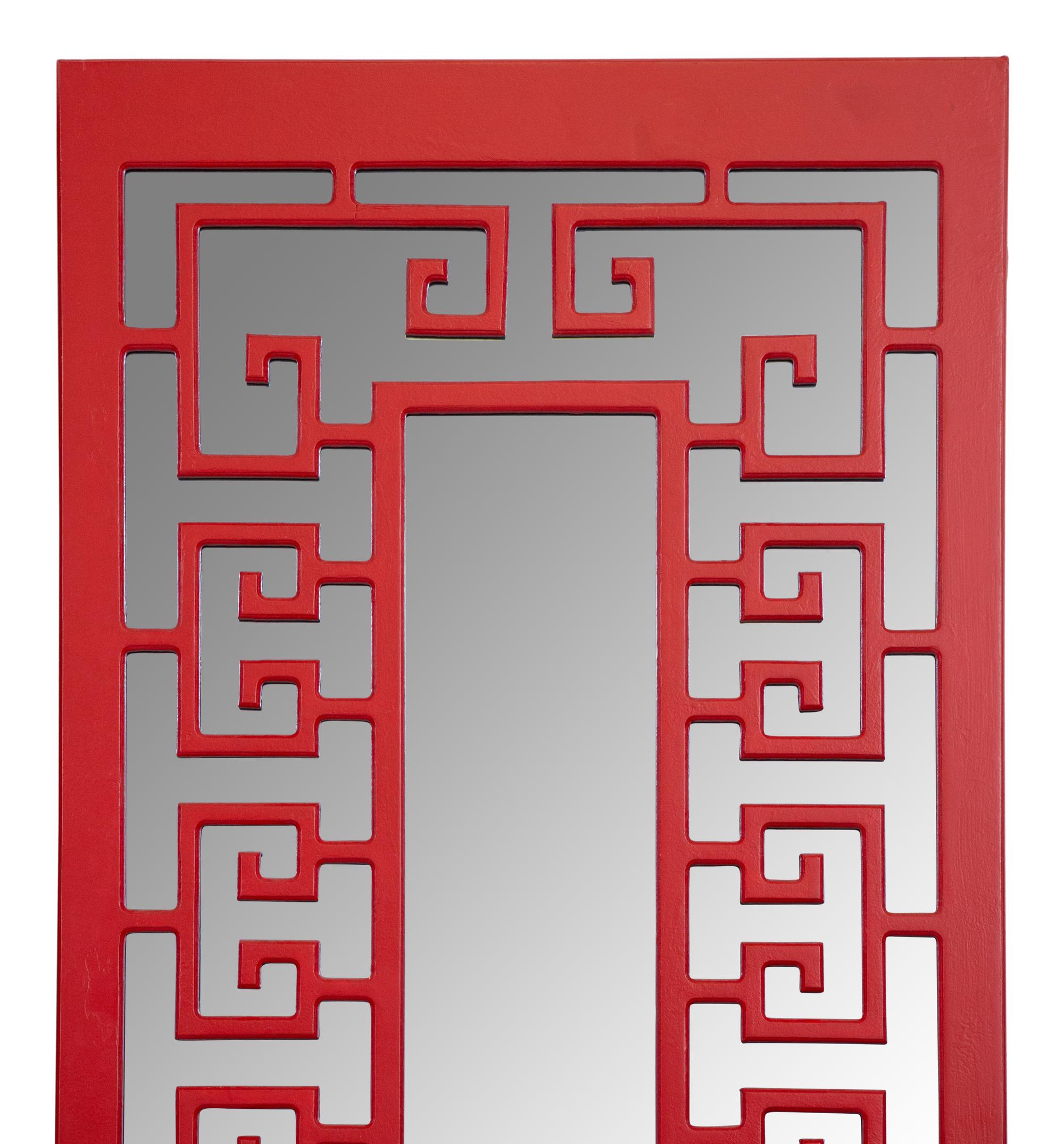 A Set of Four Red Lacquer Mirrored Wall Panels