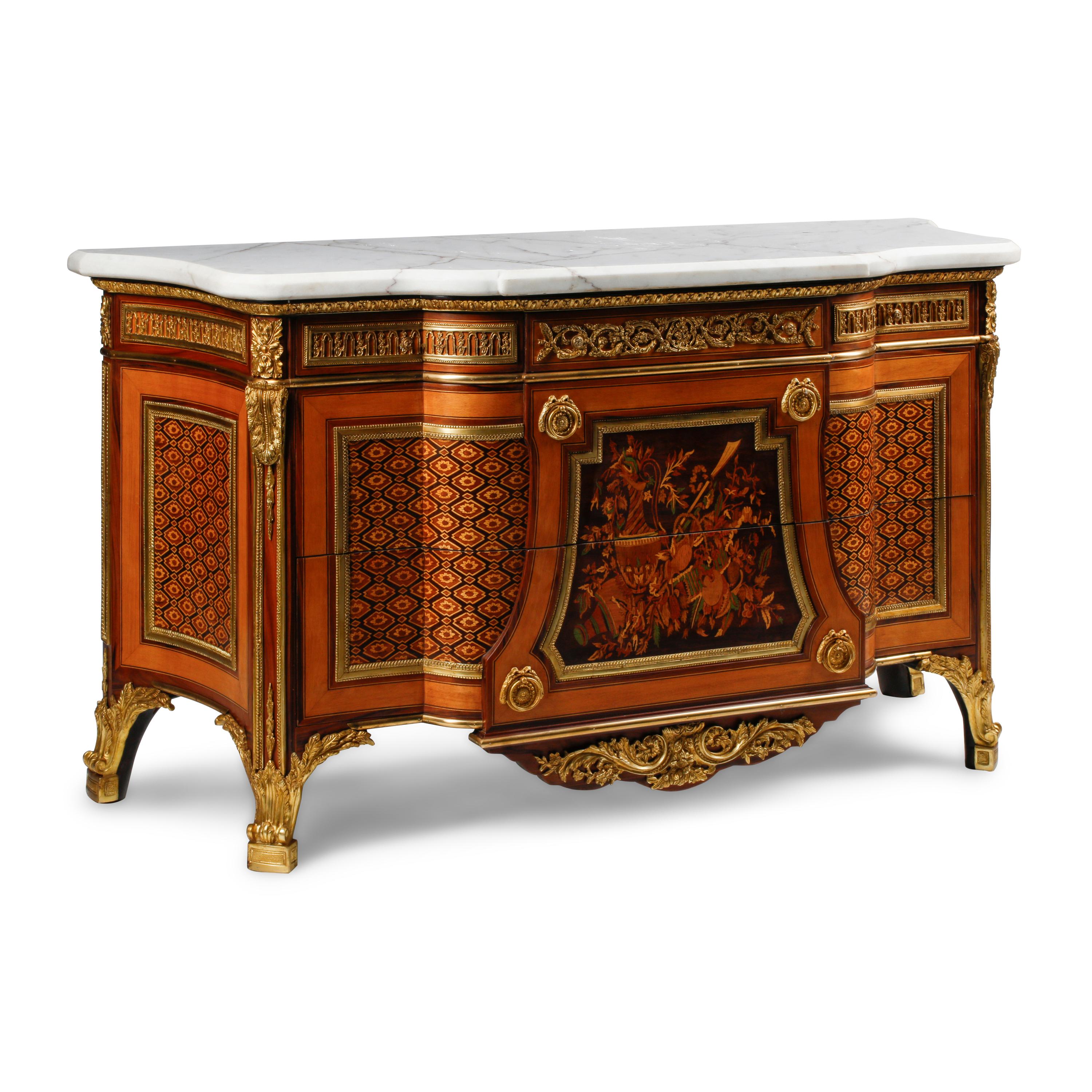 A Louis XVI Style Gilt Bronze Mounted Marquetry Marble-Top Commode