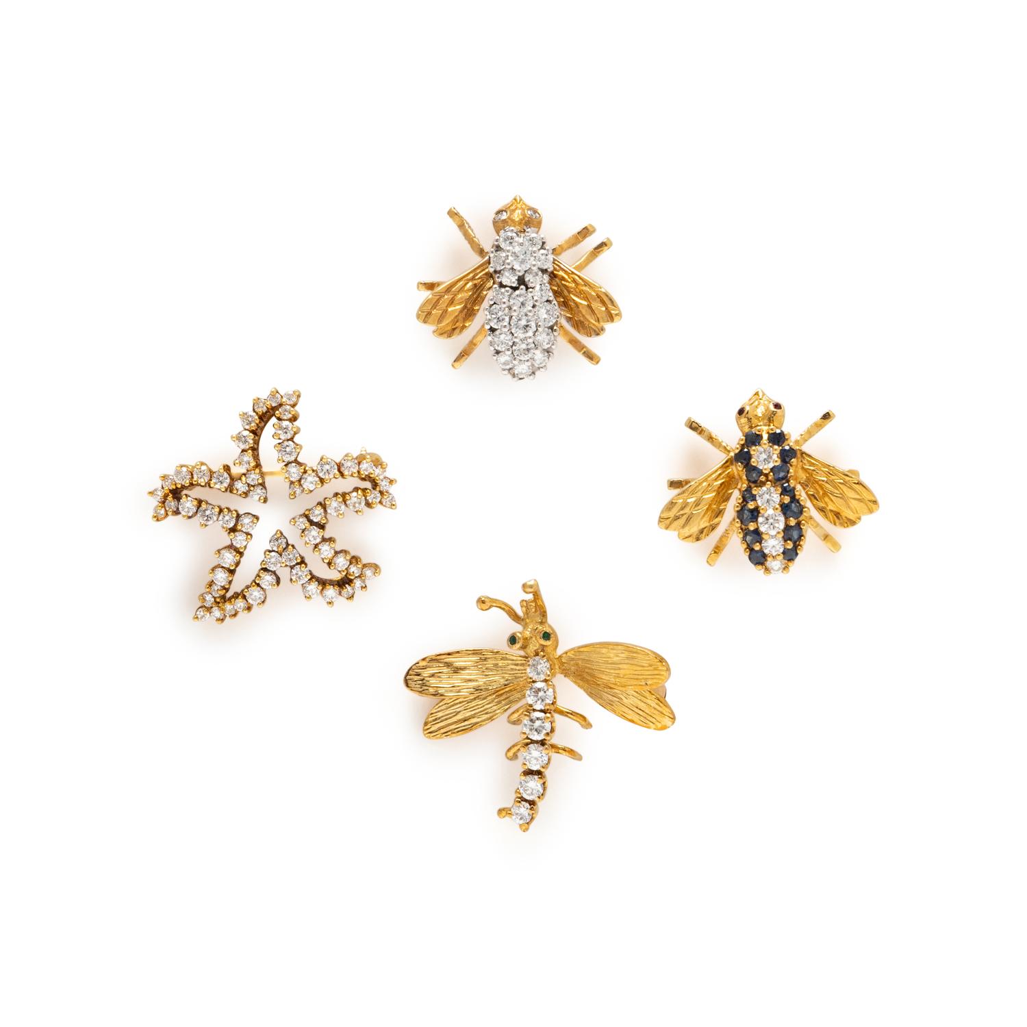 COLLECTION OF YELLOW GOLD AND DIAMOND PINS
