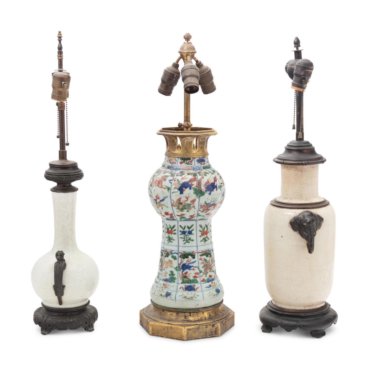 Three Chinese Porcelain Vases Mounted as Lamps