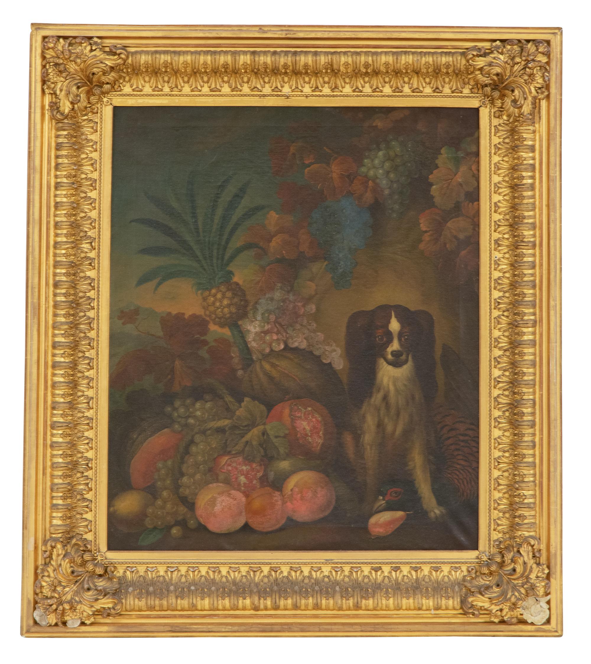 King Charles Spaniel with Tropical Fruit in a Landscape