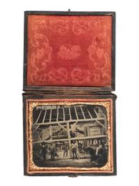 [CALIFORNIA] -- [GOLD RUSH]. Sixth plate ambrotype of stamping mill for mines showing 5 miners and oxen outside the as yet uncovered mill. [California], [ca 1850s].
