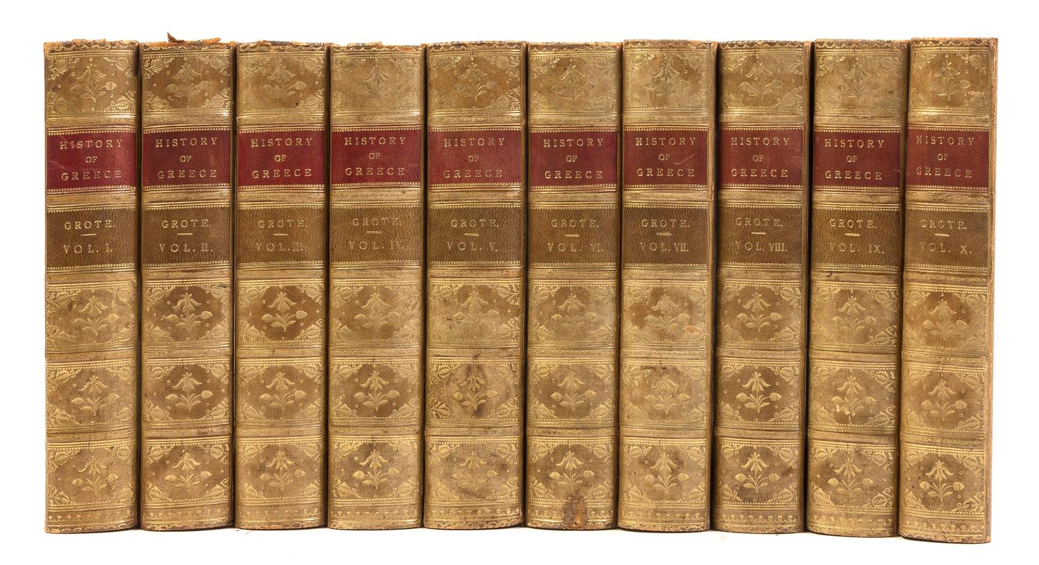GROTE, GEORGE. A History of Greece. London, 1888. 10 vols. With Adventures of Don Quixote de la Mancha. Phil., c. 1900. 2 vols. (12)