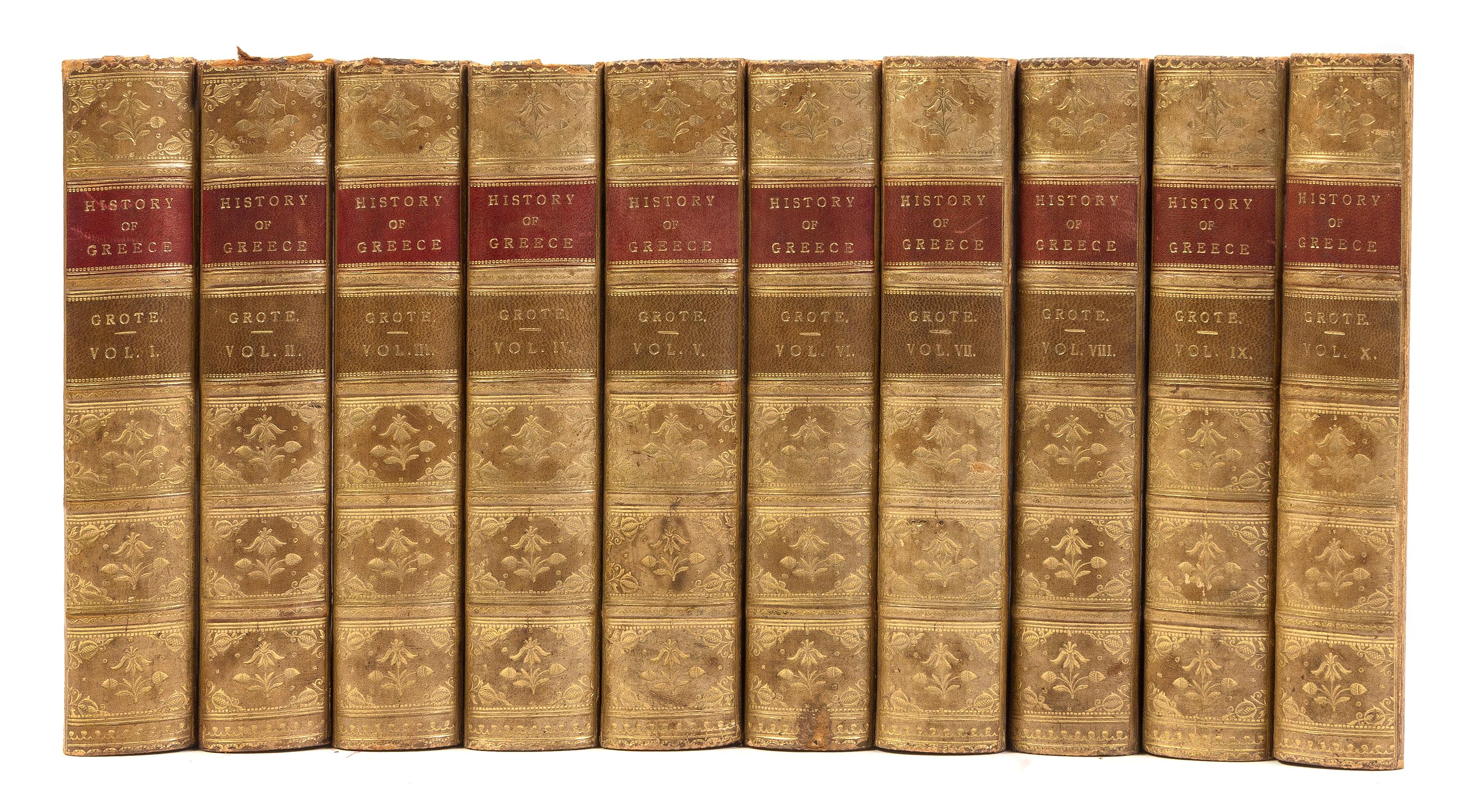 GROTE, GEORGE. A History of Greece. London, 1888. 10 vols. With Adventures of Don Quixote de la Mancha. Phil., c. 1900. 2 vols. (12)