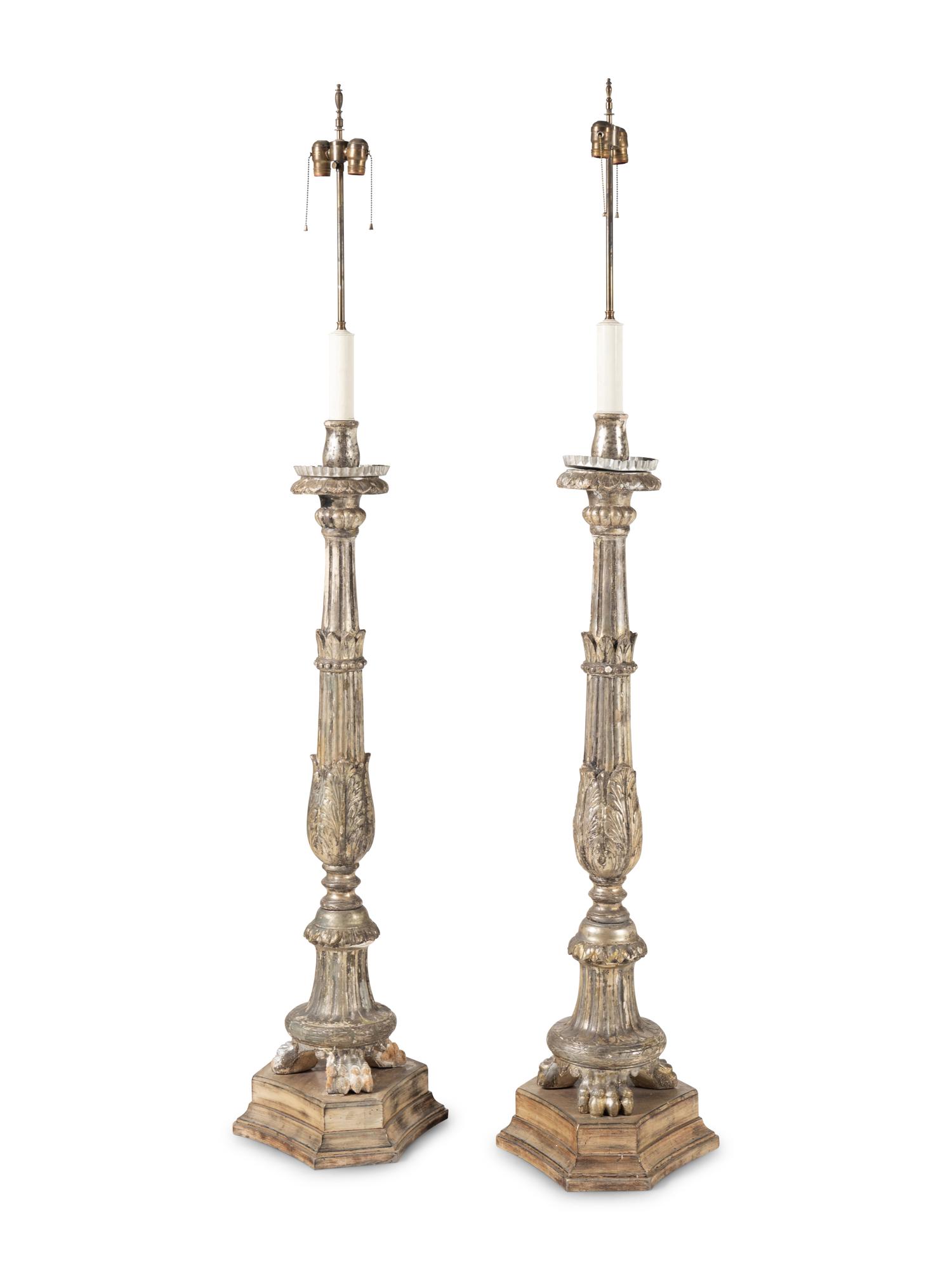 A Pair of Italian Silvered Wood Torchères