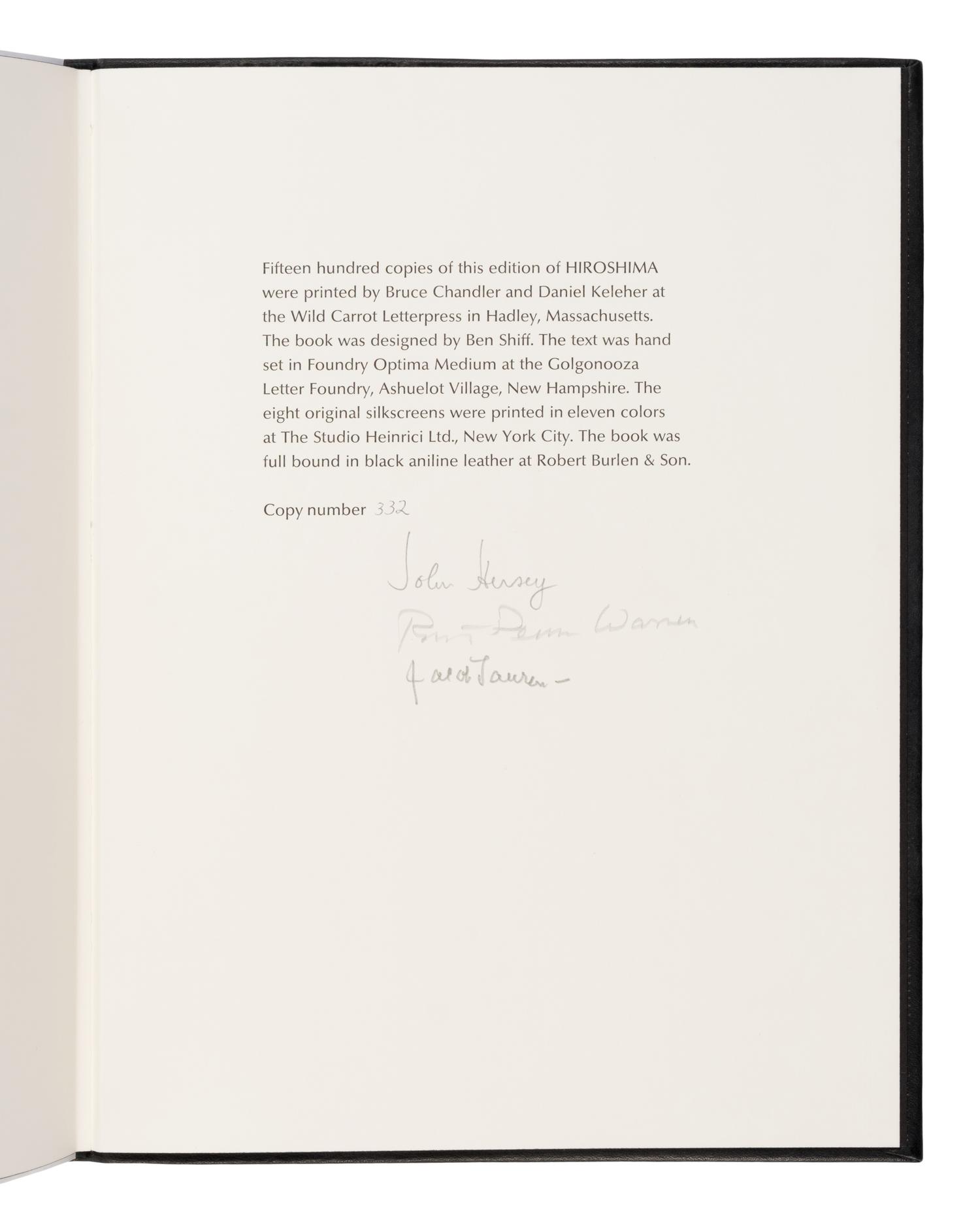 Hersey, John (1914-1993). -- Lawrence, Jacob (1917-2000), illustrator. Hiroshima . New York: The Limited Editions Club, 1983.