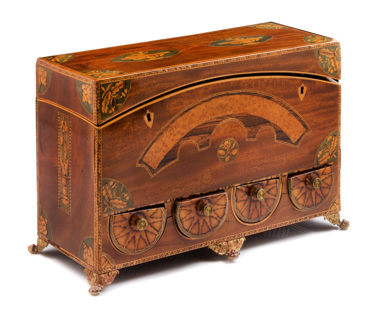 An English Marquetry and Mahogany Jewelry Casket Height 10 x width 15 x depth 6 inches. — 19TH CENTURY