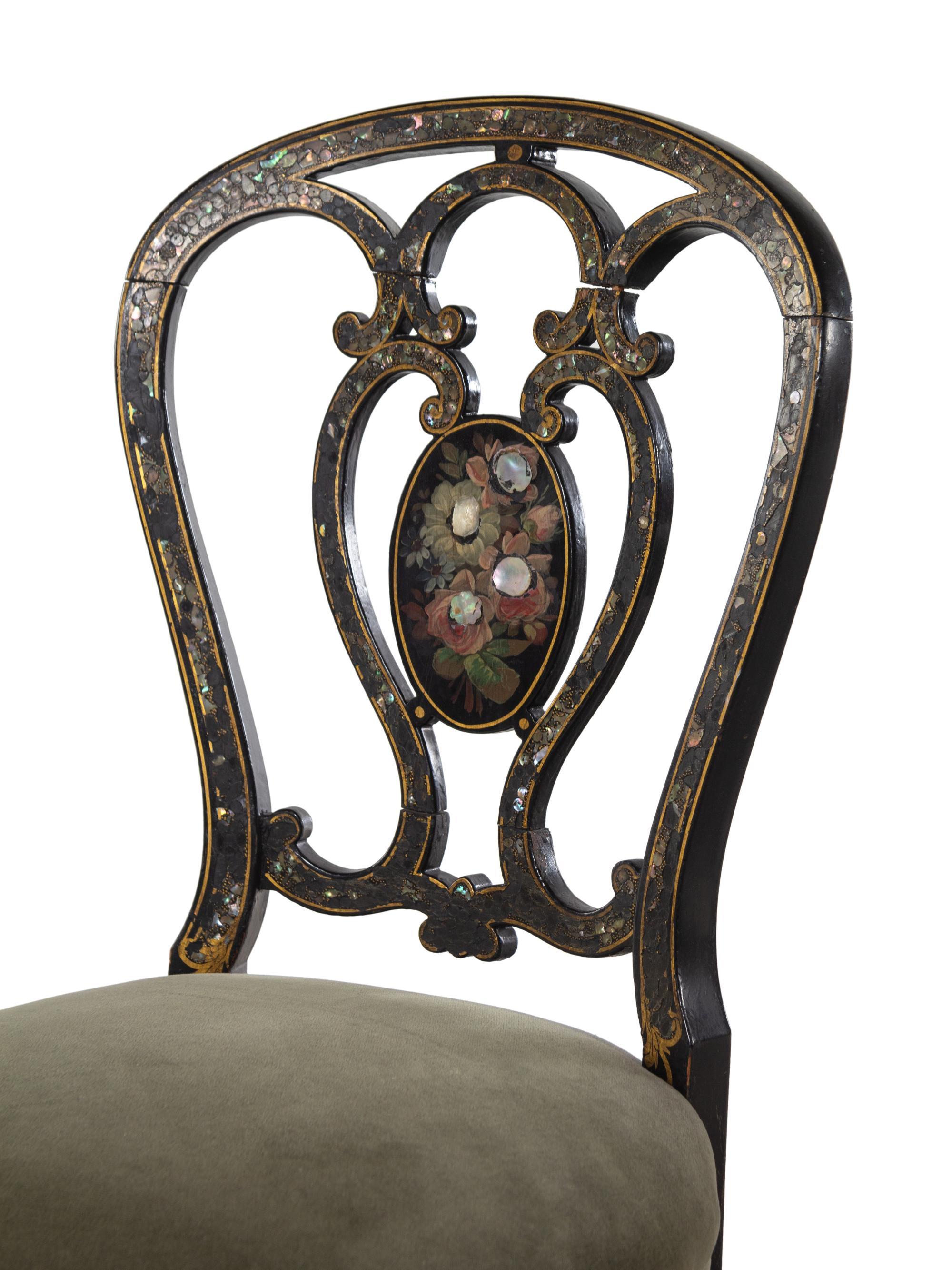 A Pair of French Mother-of-Pearl Inlaid Ebonized Side Chairs