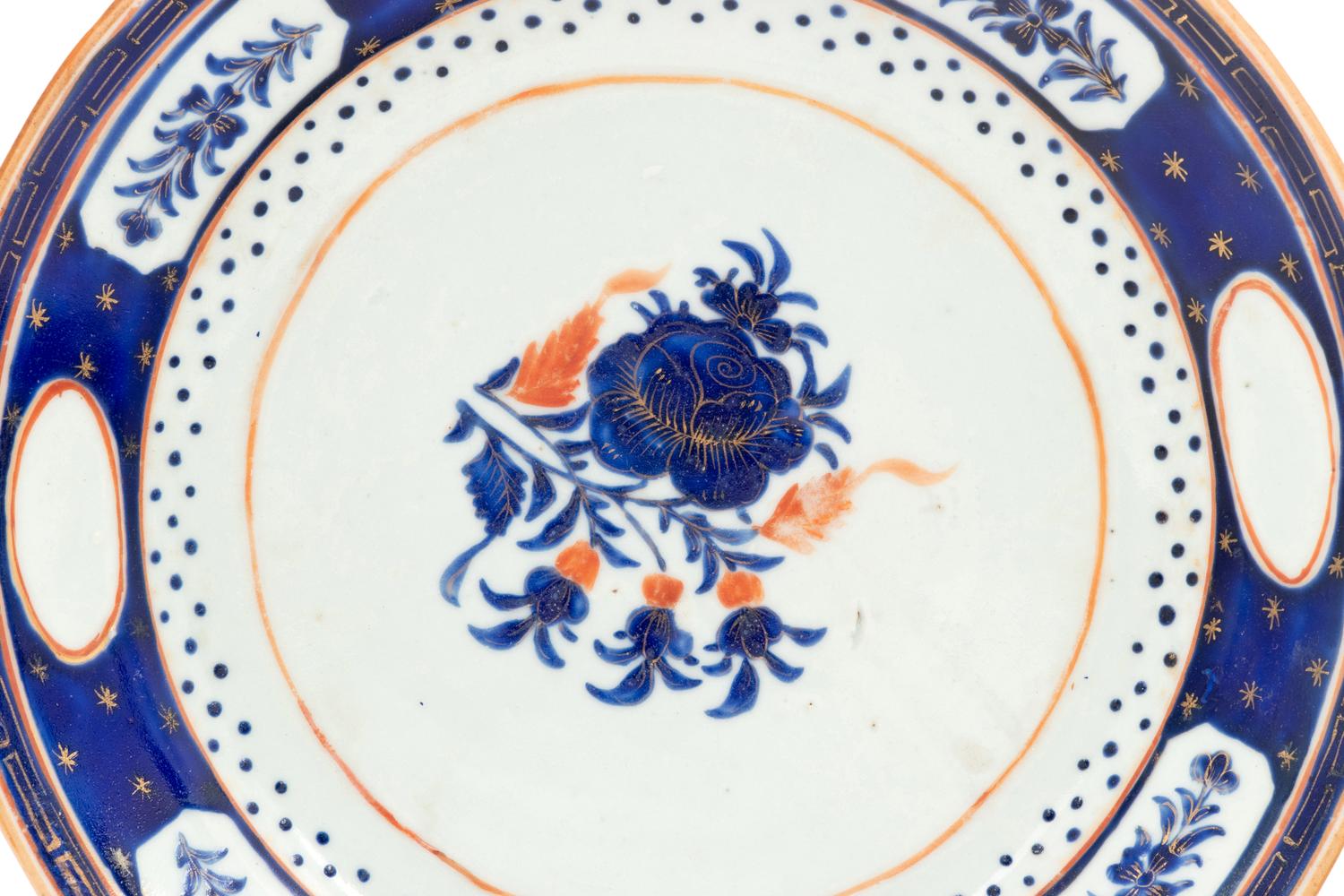A Pair of Chinese Export Gilt Decorated Blue and Red Enameled Porcelain Plates