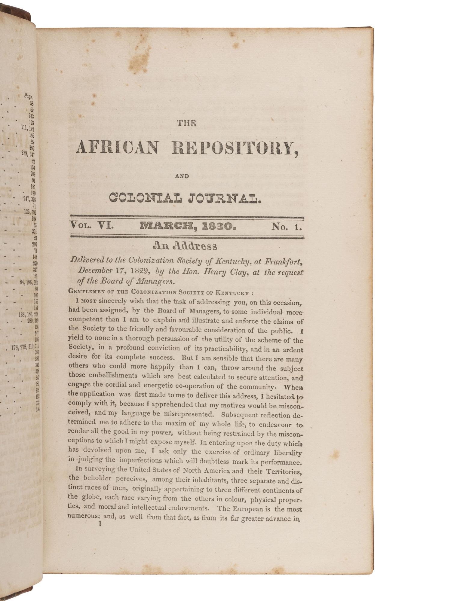 [ENSLAVEMENT]. The African Repository , and Colonial Journal. Vol. VI. Washington: 1831.