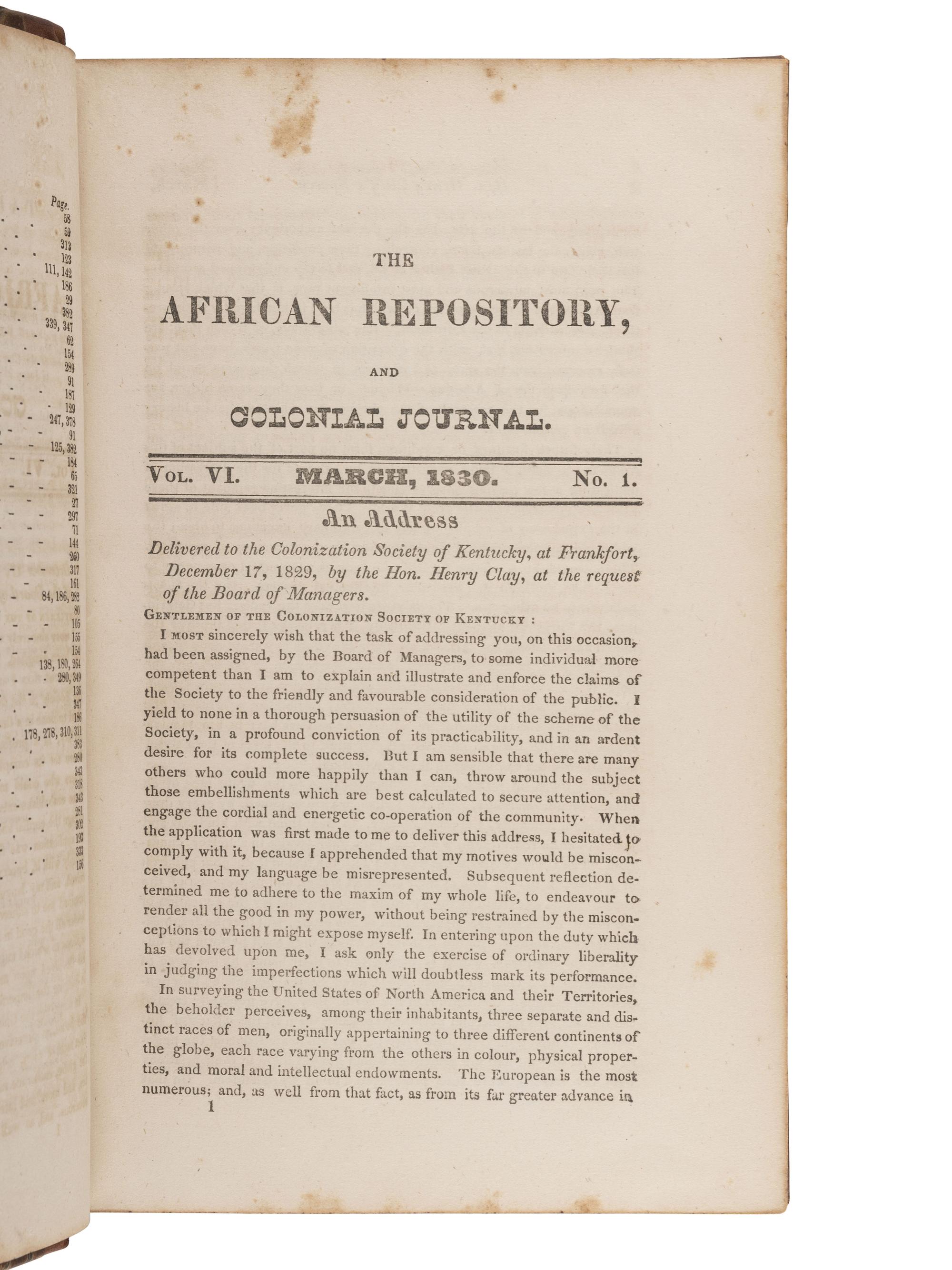 [ENSLAVEMENT]. The African Repository , and Colonial Journal. Vol. VI. Washington: 1831.