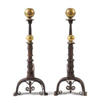 A Pair of Italian Baroque Brass and Iron Andirons Height 30 inches. — LATE 15TH CENTURY