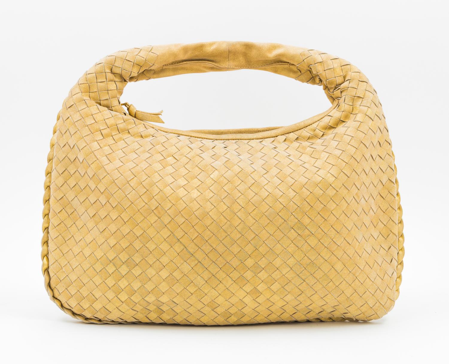 A Bottega Gold Shimmer Intrecciato Medium Hobo Bag, 16" x 10" x 1"; Strap Drop: 6".