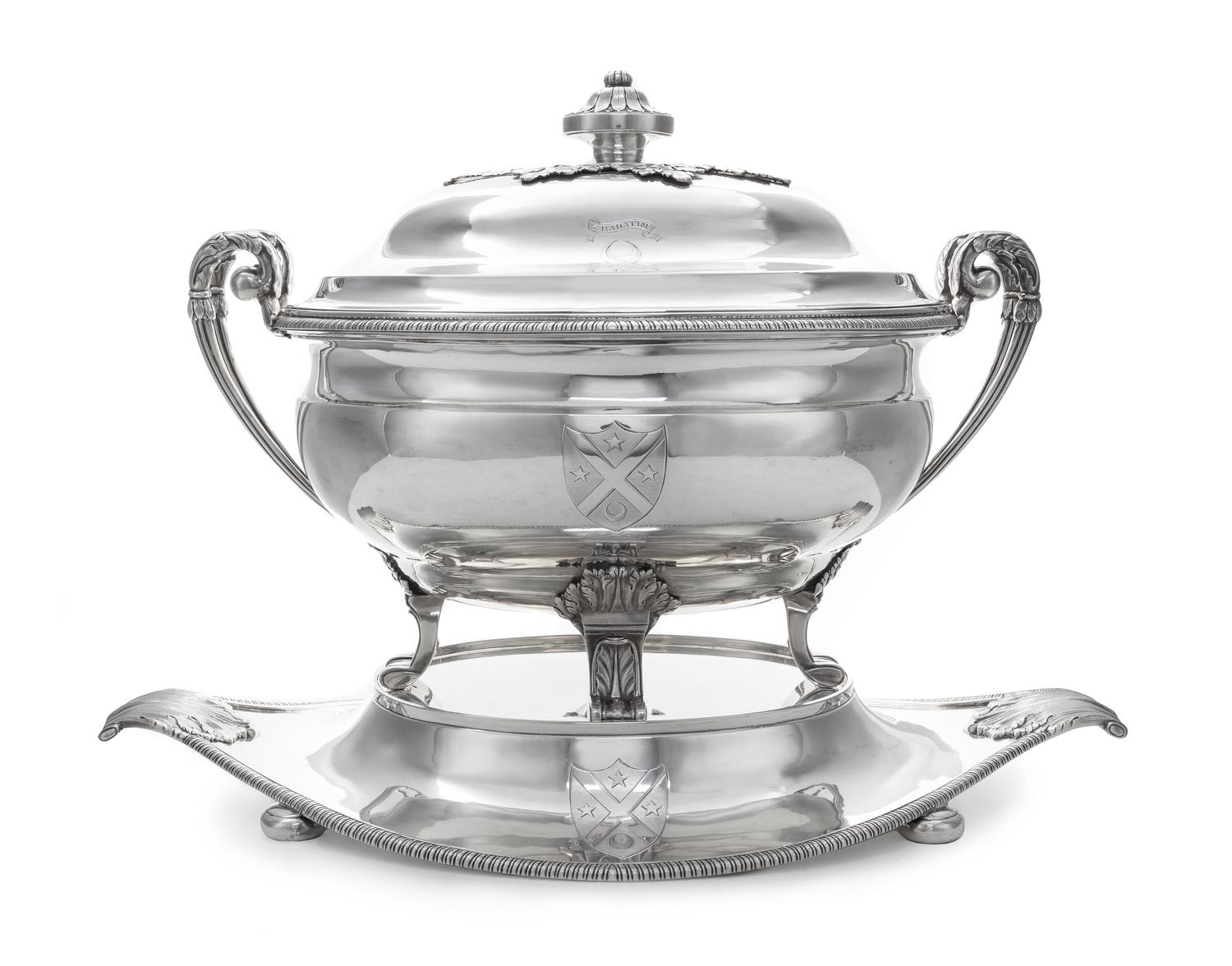 A George III Silver Soup Tureen, Cover and Later Stand, Maker's Mark I Pellet P in Oval possibly for John Plimmer, of bombe oval form,