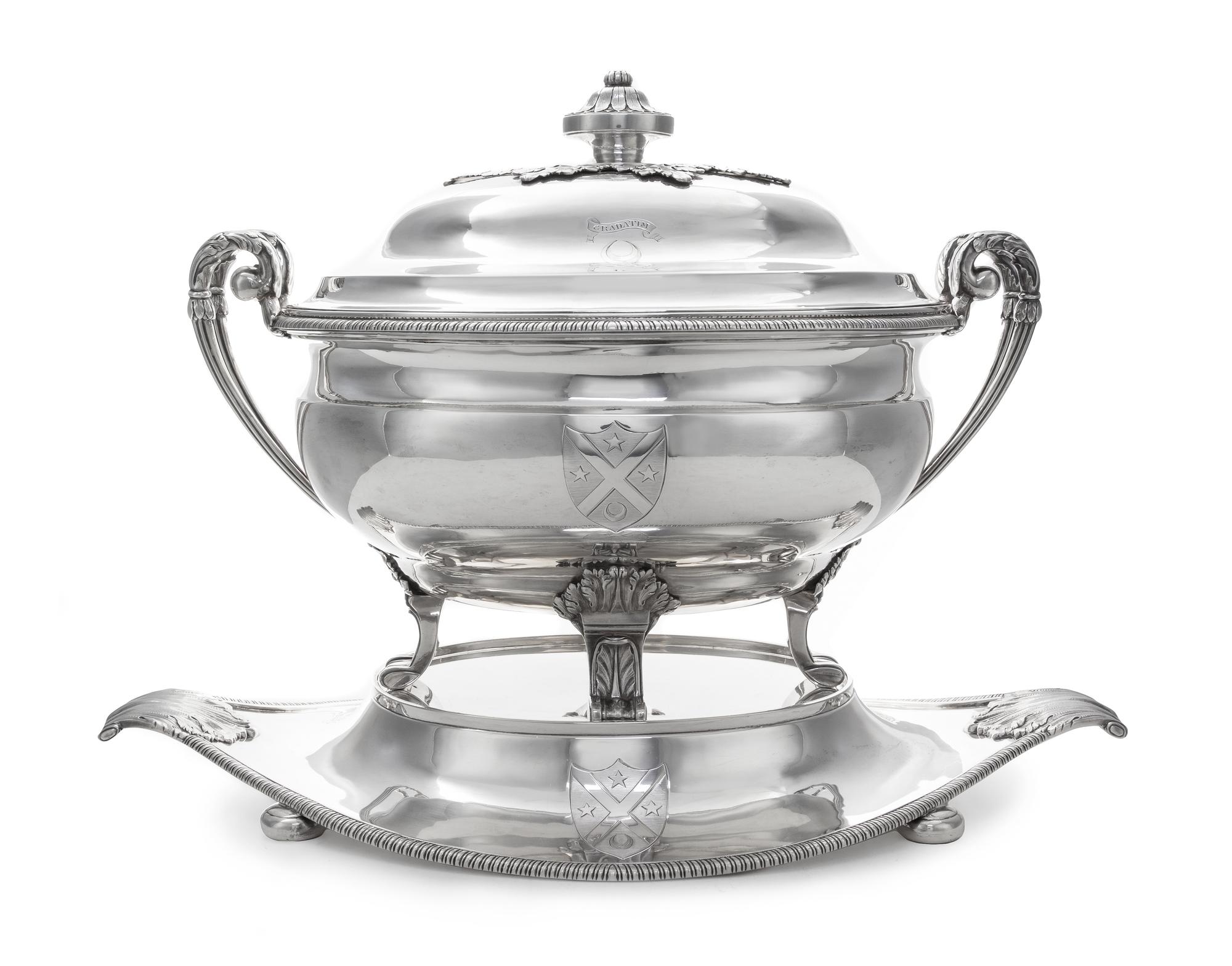 A George III Silver Soup Tureen, Cover and Later Stand, Maker's Mark I Pellet P in Oval possibly for John Plimmer, of bombe oval form,