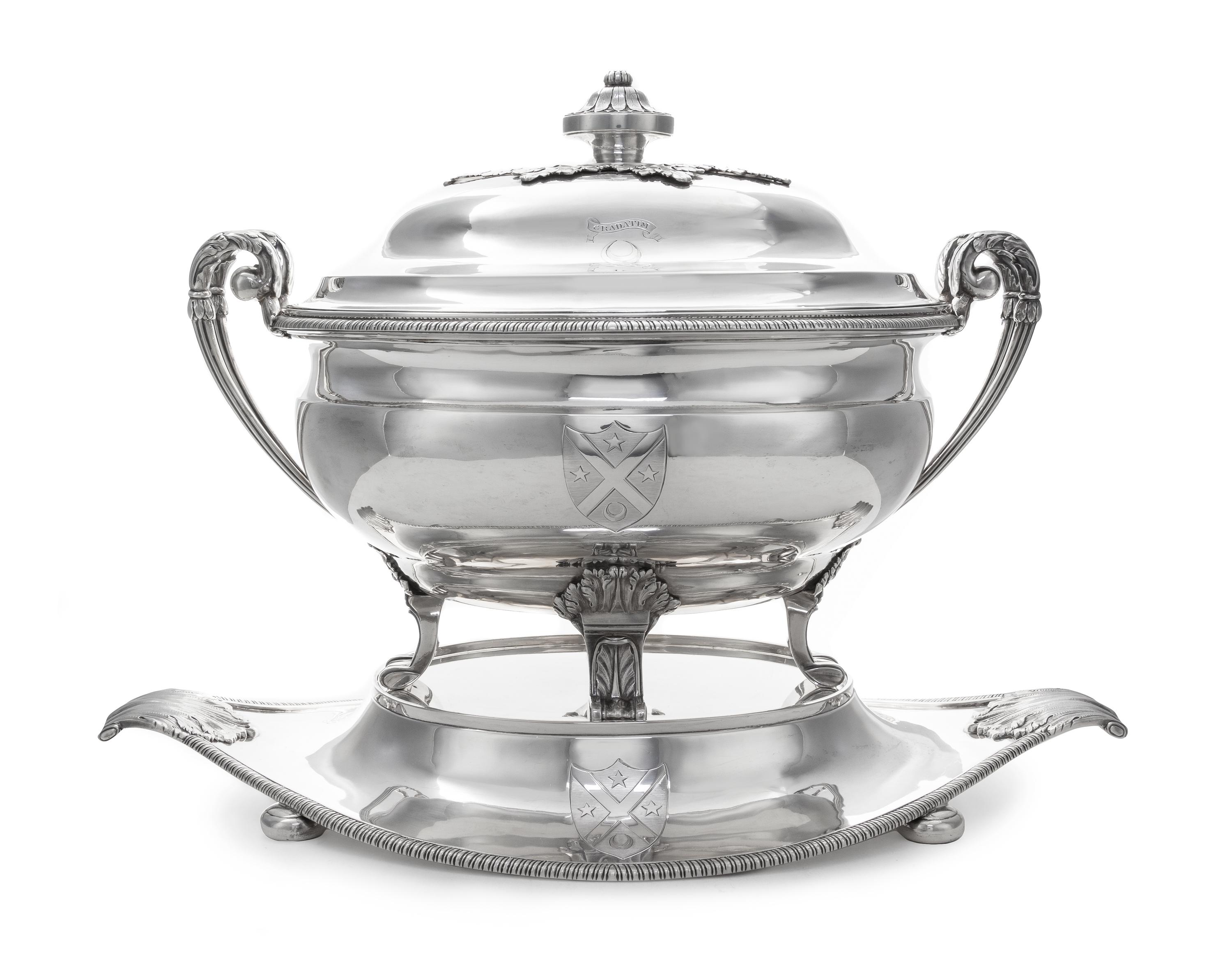 A George III Silver Soup Tureen, Cover and Later Stand, Maker's Mark I Pellet P in Oval possibly for John Plimmer, of bombe oval form,