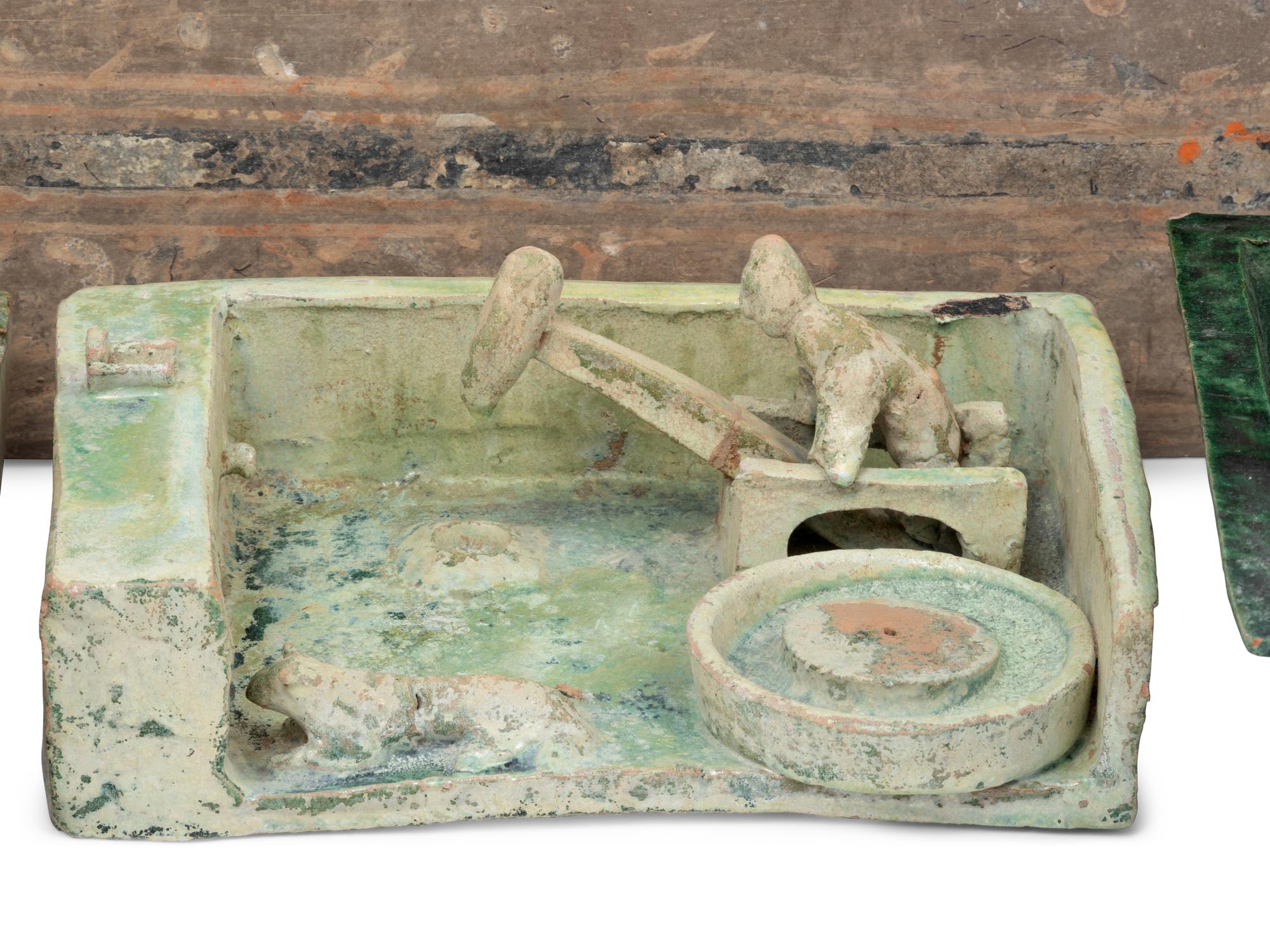 Three Chinese Green-Glazed Pottery Models and A Chinese Pottery Rectangular Cosmetic Box