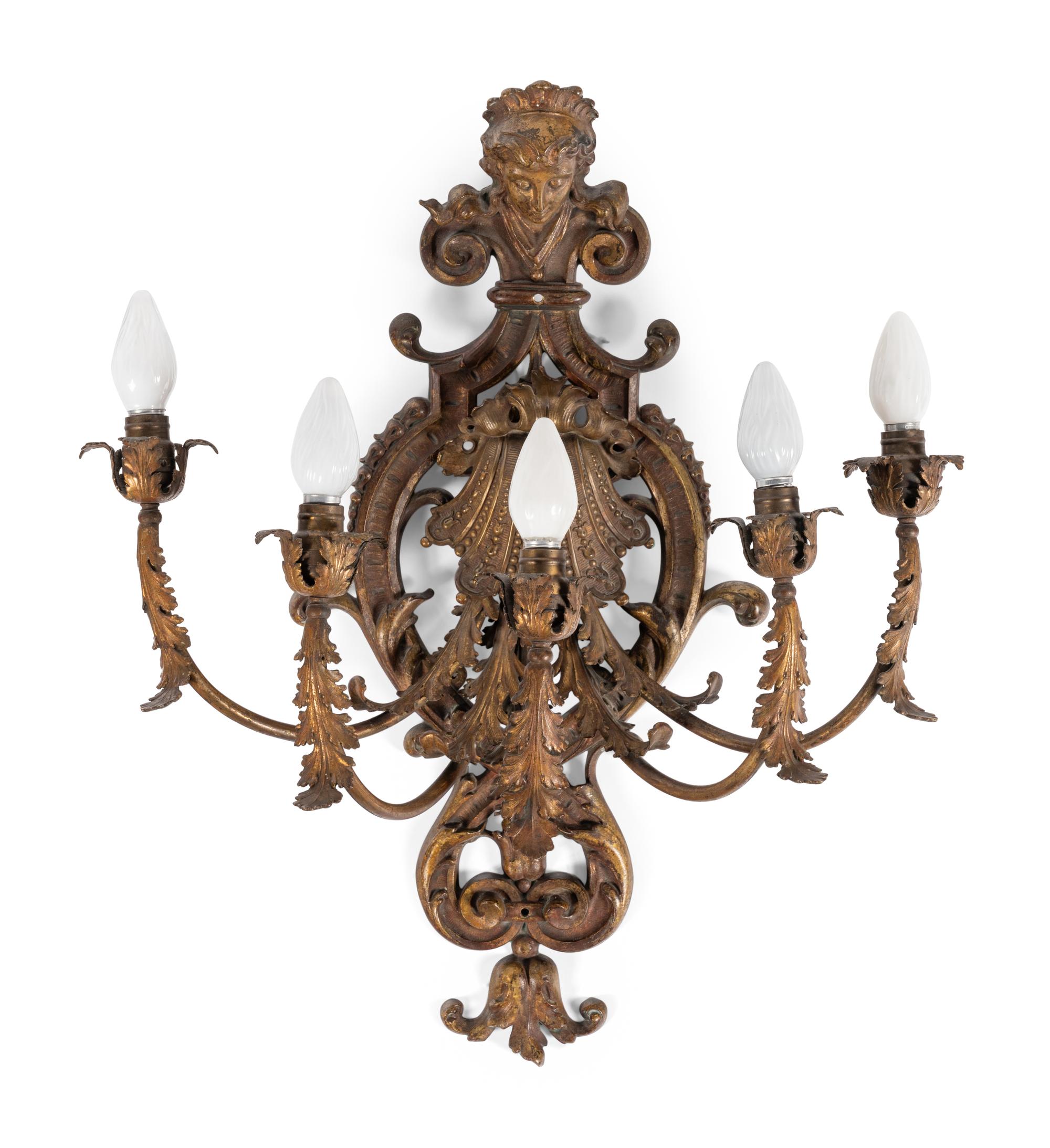 A Pair of Régence Style Gilt Metal Five-Light Sconces