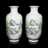 A Pair of Chinese Famille Rose Porcelain 'Landscape' Lantern Vases, Late Qing/Republican Period — 晚清/民國 粉彩山水圖燈籠瓶一對